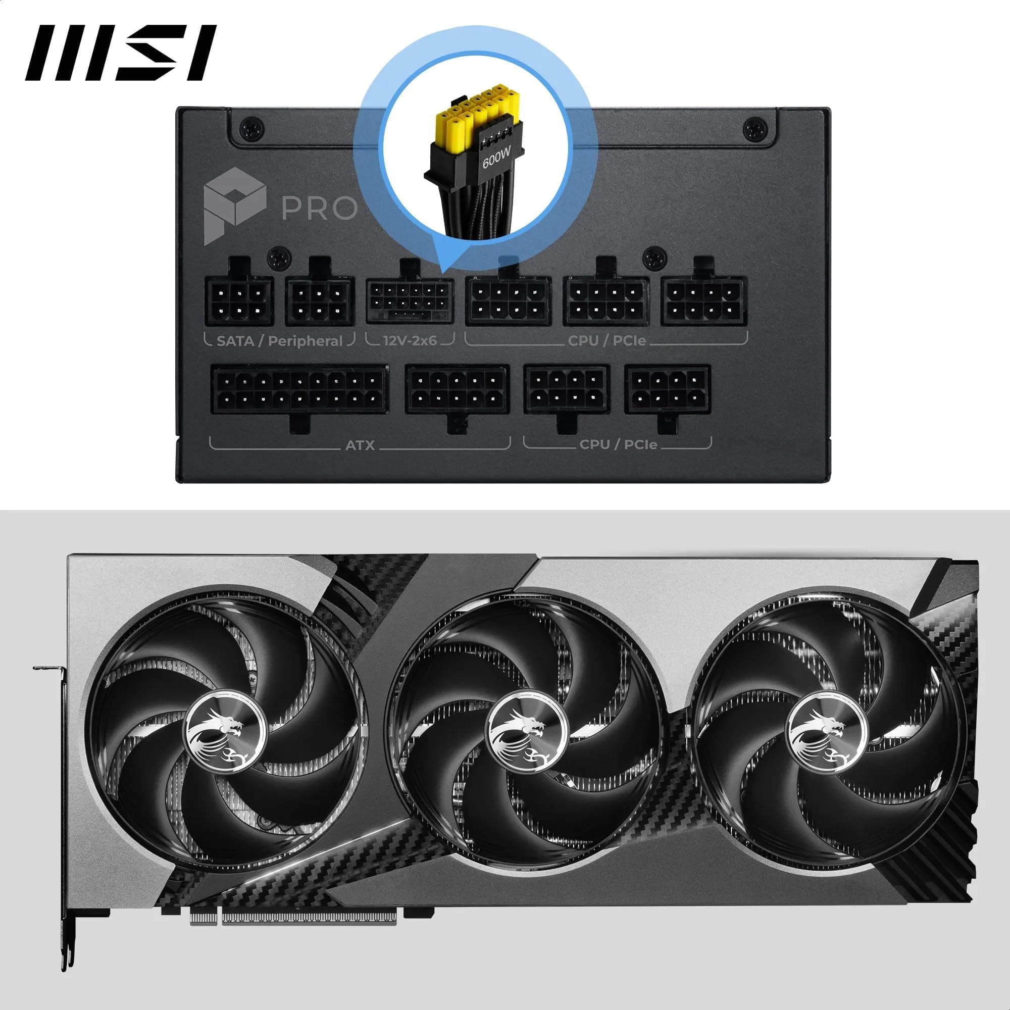 MSI Pro A850PL PCIE5 Netzteil, 850 W, 80 Plus Platinum, ATX 3.1, Unterstützung GPU PCIe 5.1, nativer Anschluss 12 V-2 x 6, zweifarbig, ATX, Kabel mit geprägter Ummantelung Bild 5