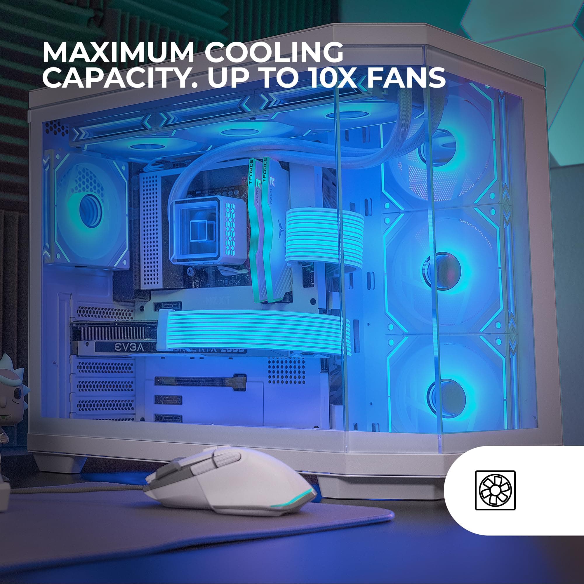Mars Gaming MC-3TCORE, Custom ATX Gaming Gehäuse, Abnehmbares Fenster aus Dreifachglas, Dual-Kamera, Reverse Connector Backplane Kompatibler Semitower, Unterstützung für Flüssigkeitskühlung, Weiß Bild 7