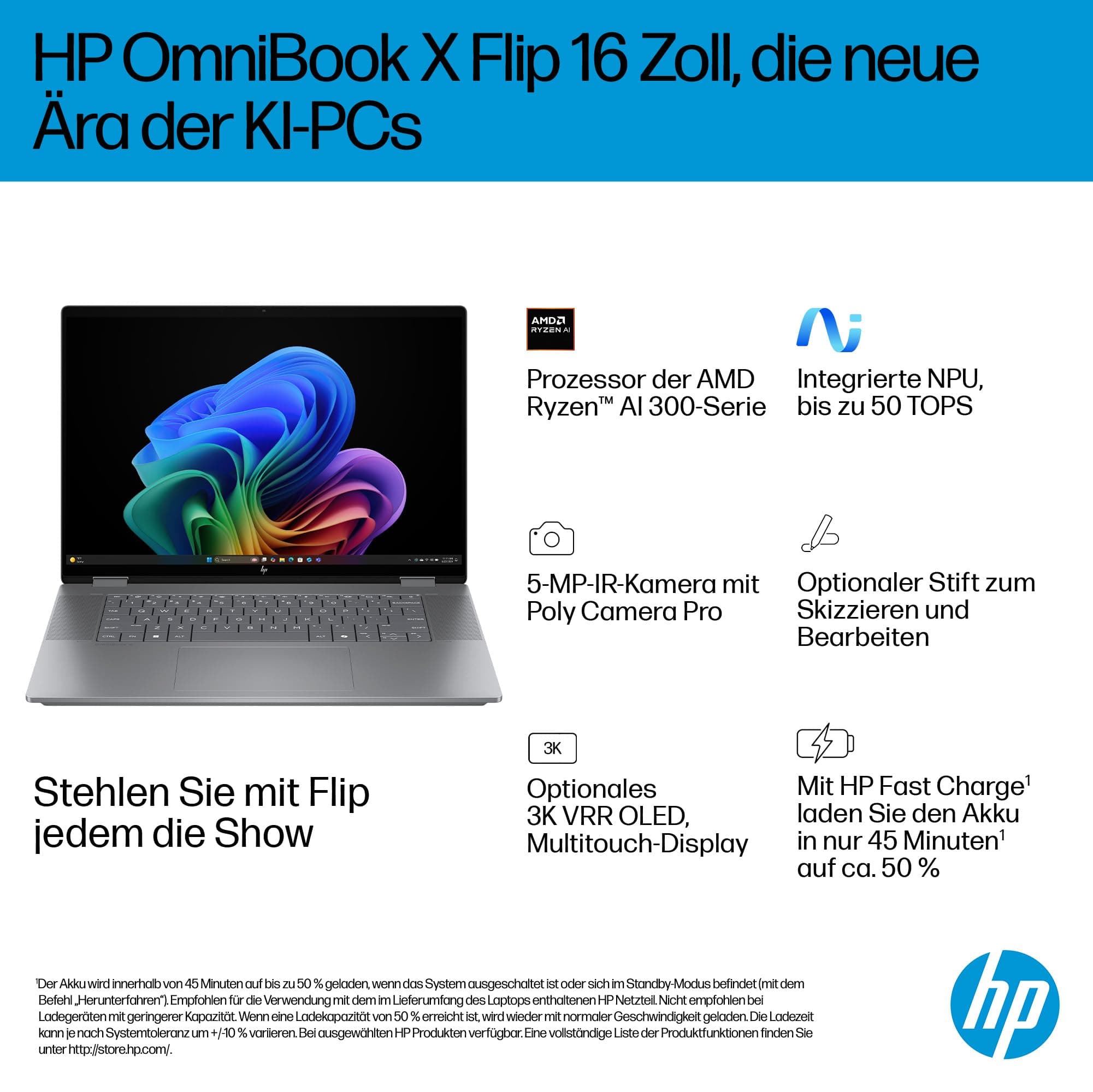HP OmniBook X Flip 2in1 Next Gen AI Laptop | AMD Ryzen AI 5 340 (6C) | dedizierte NPU für KI | 50 NPU Tops | Copilot+ PC | 16" WUXGA 1920x1200 Touchscreen | 16GB | 512GB SSD | Win11 | QWERTZ | Silber AMD Ryzen AI 5 340 512 GB SSD Bild 2
