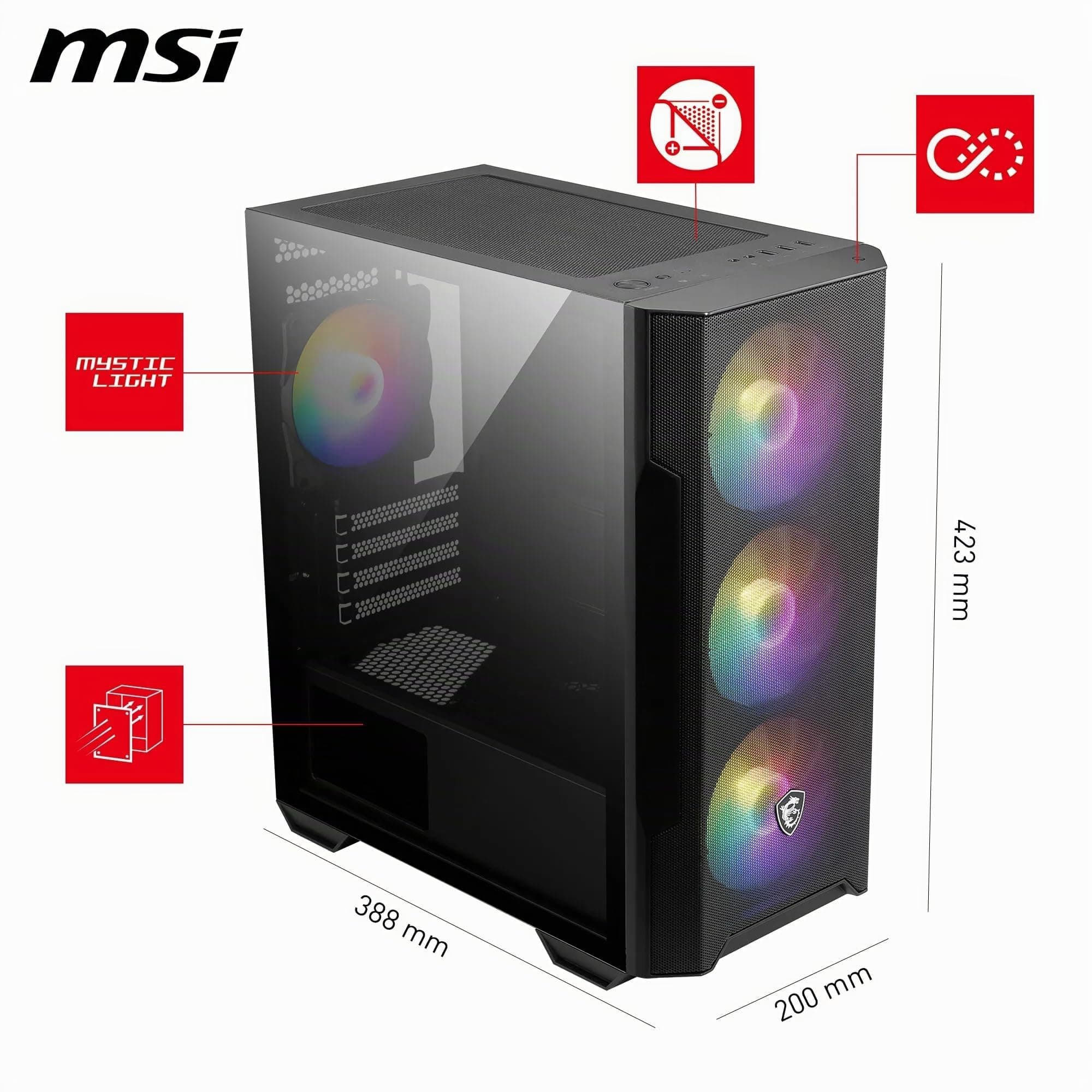 MSI MAG Forge M100R Mini-Tower PC-Gehäuse, gehärtetes Glas, unterstützt Micro-ATX & Mini-ITX, Mesh-Front, 4X 120mm ARGB Lüfter mit Hub Controller, Magnetischer Staubfilter, USB 3.2 Gen 1 Typ-A Bild 6
