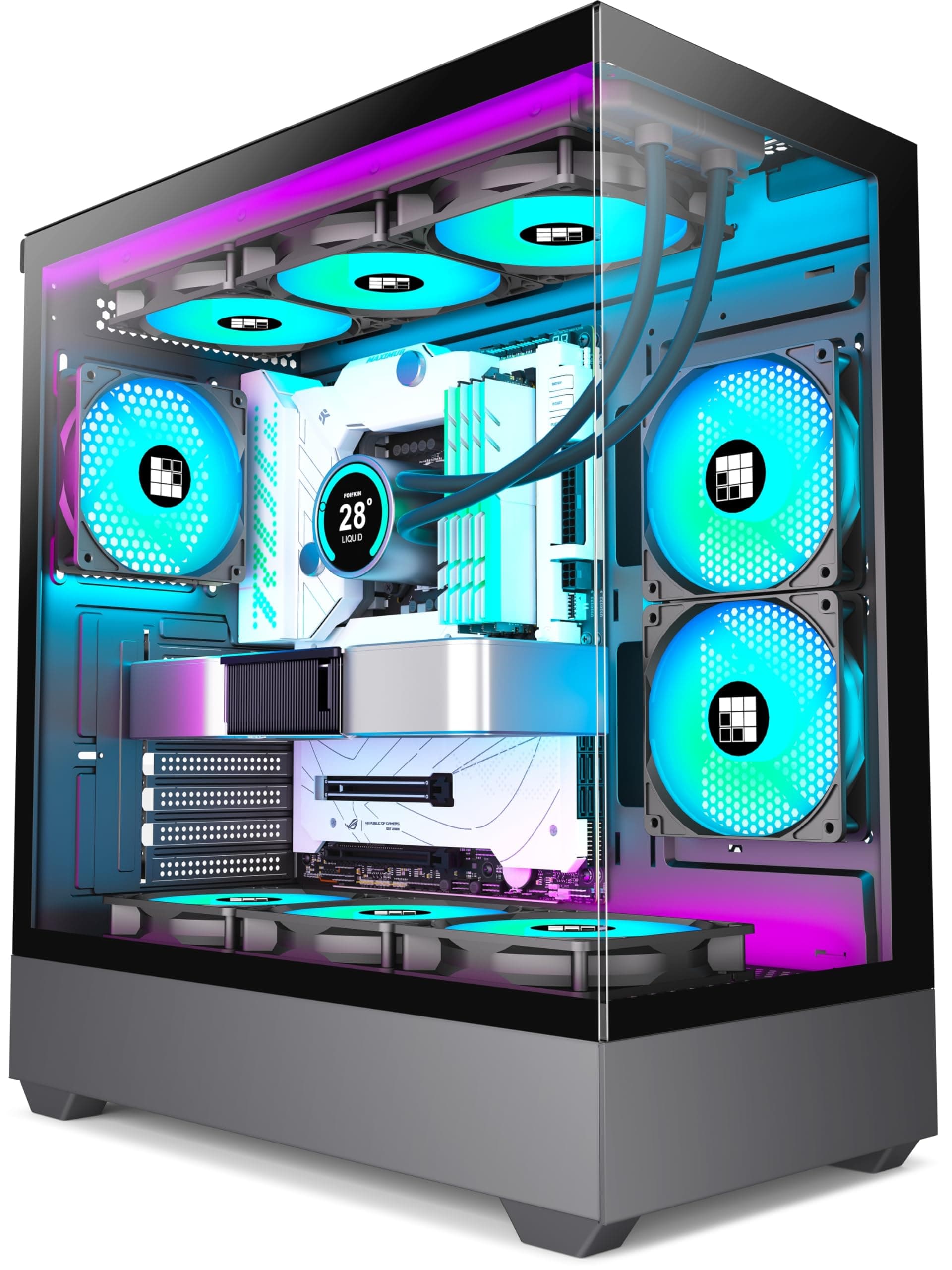 FOIFKIN F1 PC Gehäuse ATX- Pre-Install 6 PWM ARGB Lüfter, Mid-Tower Computer Gehäuse, Gaming PC- Gehäuse,270° Panorama Tempered Glass,mit Type-C, ATX Gehäuse (Schwarz, F1) Schwarz F01