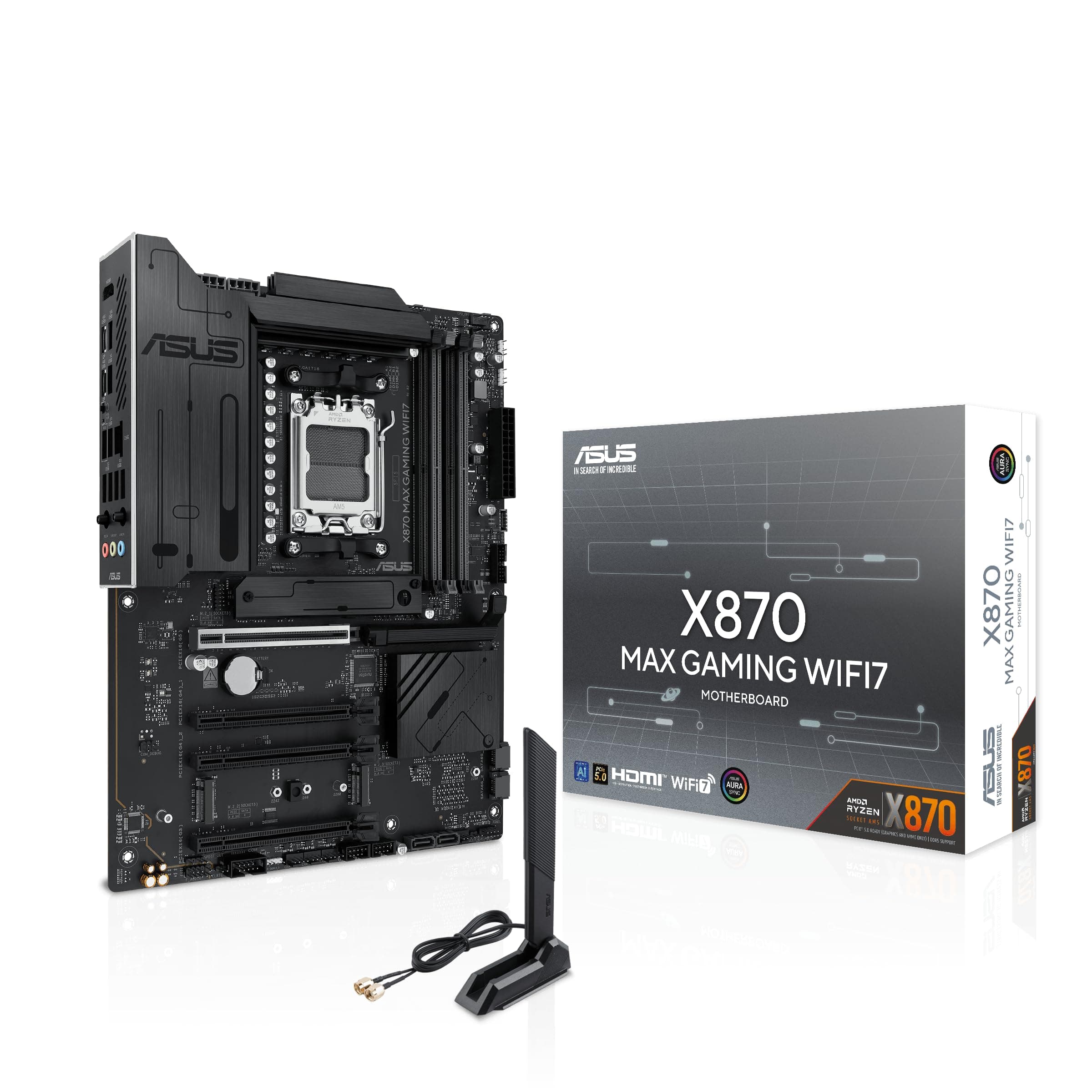 ASUS X870 MAX Gaming WIFI7 AMD AM5 ATX Motherboard, 12+2+1 80A DrMOS, DDR5, PCIe 5.0 x16 Q-Release, 3X M.2, Wi-Fi 7 Q-Antenne, 2,5 GB LAN, USB4® Type-C®, USB-C® 20 Gbit/s, BIOS Flashback™, Aura Sync