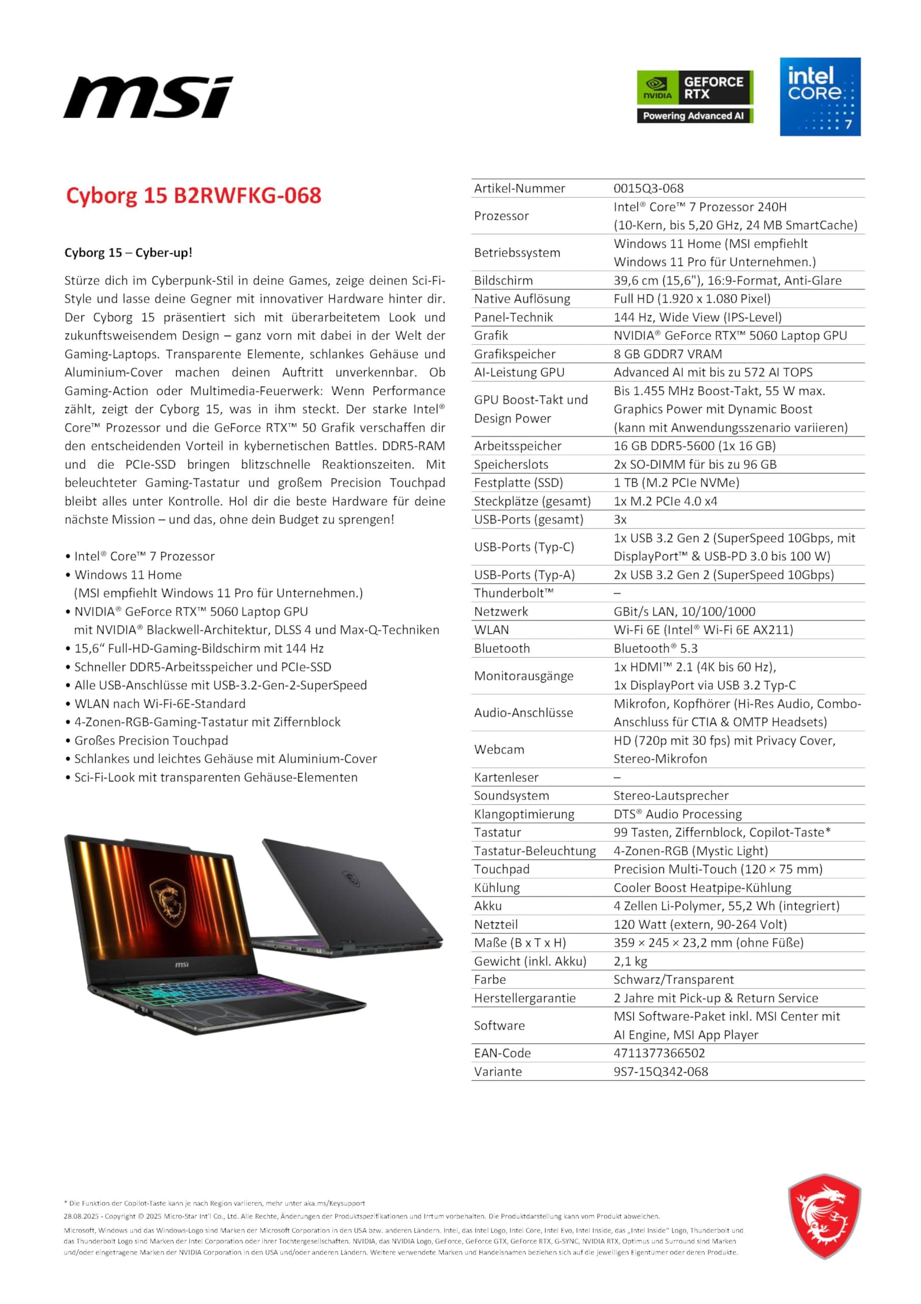 MSI Cyborg 15, Gaming-Laptop, 15,6 Zoll Full-HD 144 Hz Display, Intel Core 7 240H, NVIDIA GeForce RTX 5060, 16 GB DDR5, 1 TB SSD, Windows 11 Home, QWERTZ Tastatur, Schwarz, B2RWFKG-068 Intel Core 7 240H RTX5060 8GB Bild 5