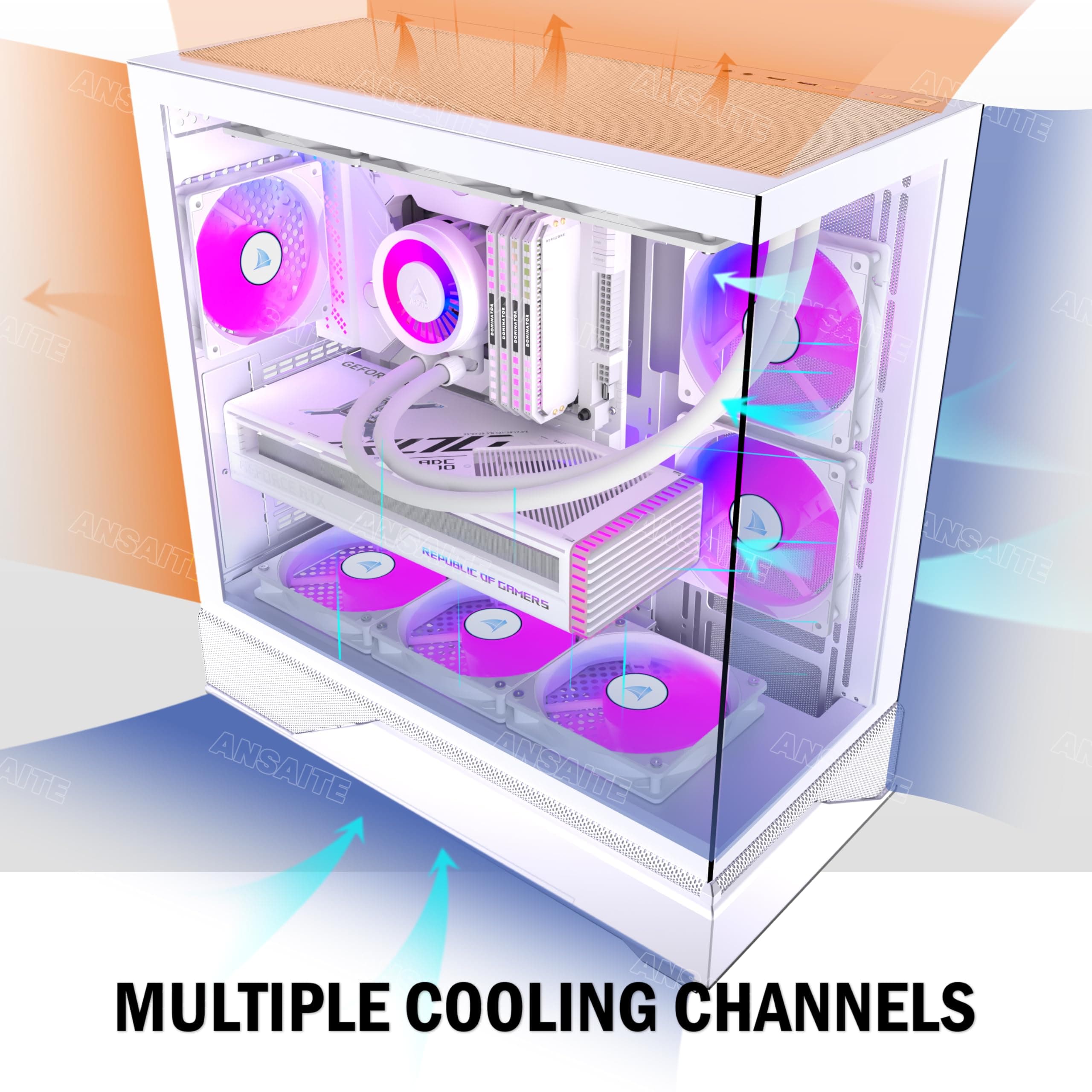 ANSAITE ATX PC-Gehäuse 6×120 mm ARGB PWM-Lüfter vorinstalliert ，Mid-Tower Gaming PC-Gehäuse, Panorama-Gehärtetes Glas Schwarz Computer-Gehäuse mit Typ-C, 360mm Radiator Unterstützung (Weiß) Bild 5