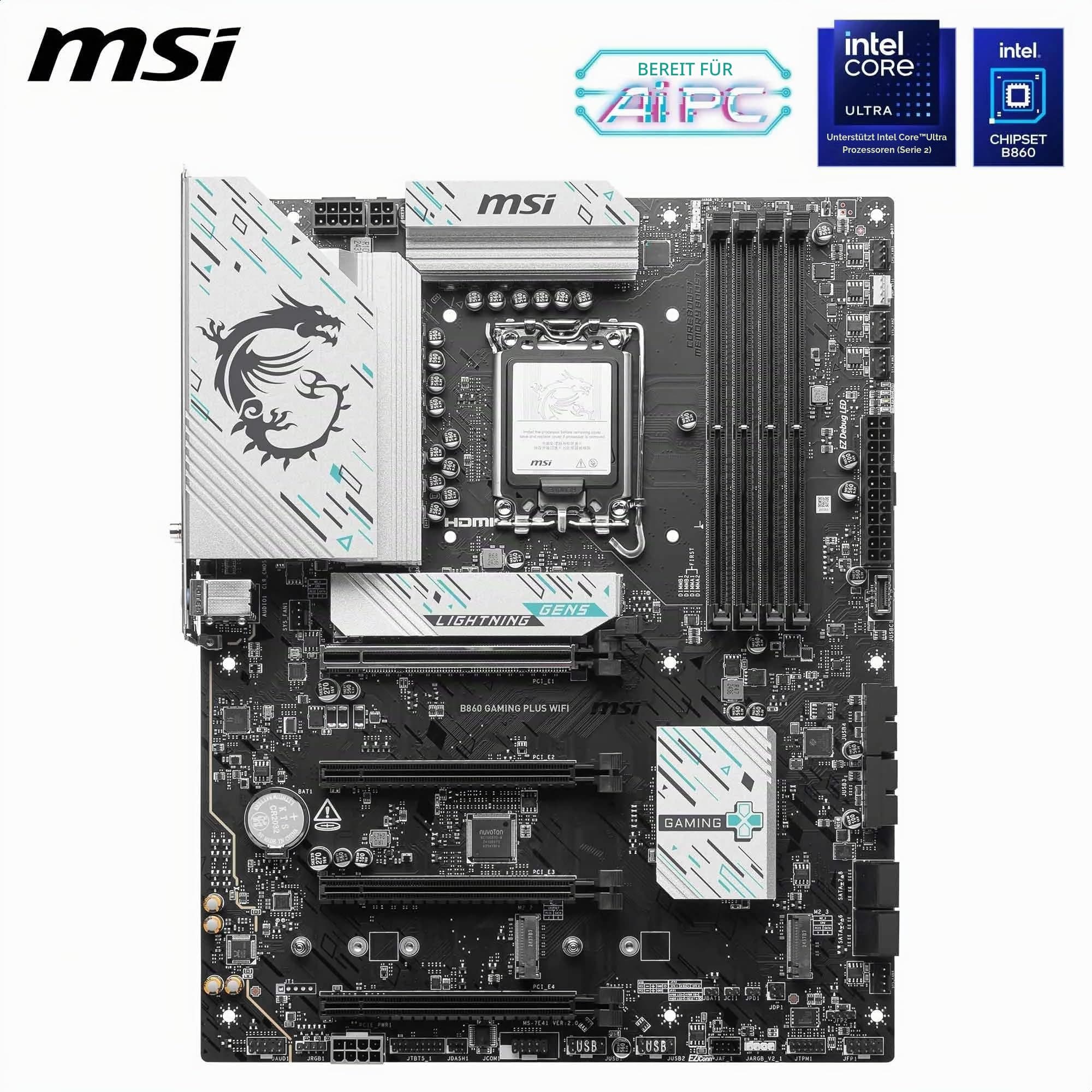 MSI B860 Gaming Plus WiFi Mainboard, ATX - Unterstützt Intel Core Ultra Prozessoren (Series 2), LGA 1851 - DDR5 Memory Boost 8600+ MT/s (OC), PCIe 5.0 x16 x16, M.2 Gen5, Intel Killer 5G LAN, Wi-Fi 7 Bild 3