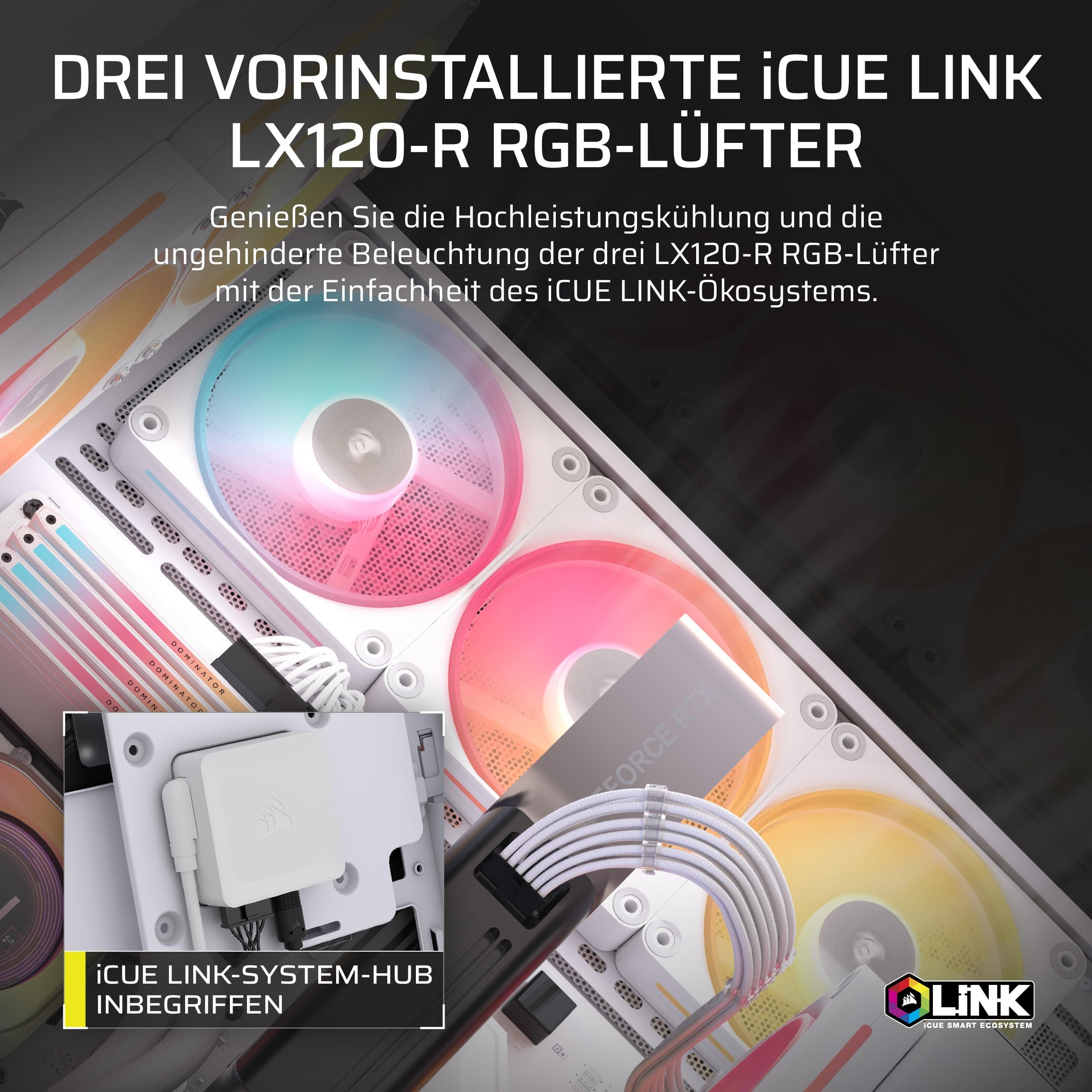 CORSAIR 3500X LX-R RGB iCUE LINK Panoramaglas Mid-Tower-PC-Gehäuse – 3 x LX120-R RGB-Lüfter und iCUE LINK System Hub Inklusive, GPU-Anti-Sag-Arm, Platz für bis zu 10 x 120-mm-Lüfter – Weiß Bild 5