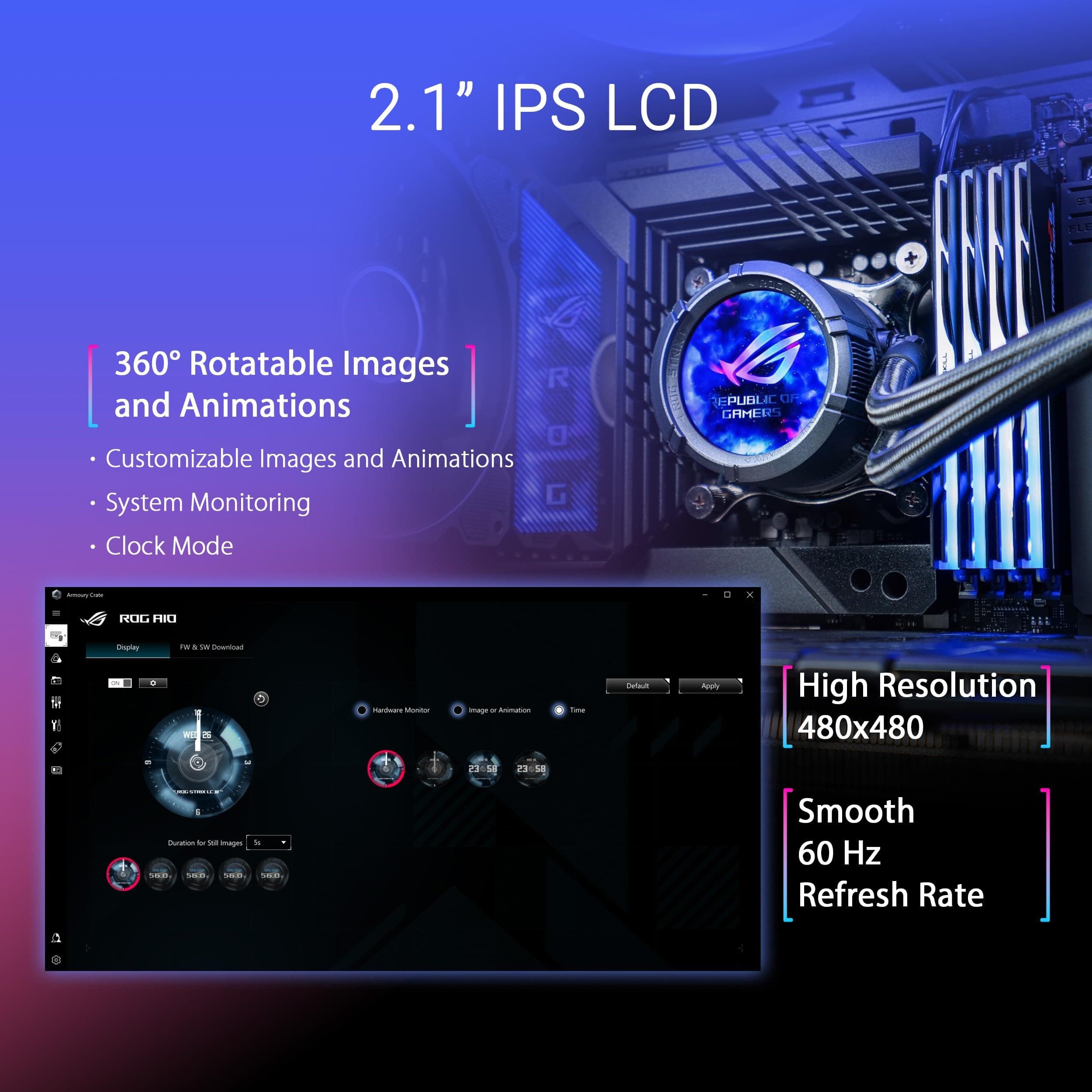 ASUS ROG Strix LC III ARGB LCD All-in-One Flüssig-CPU-Wasserkühlung (2,1 Zoll IPS-LCD Display, Aseteks Gen7 v2 Pumpe, 3X ROG ARGB-Lüfter, 2200 RPM, 3.92mm H2O, 70,38 CFM, 0dB Technologie, schwarz) Bild 3