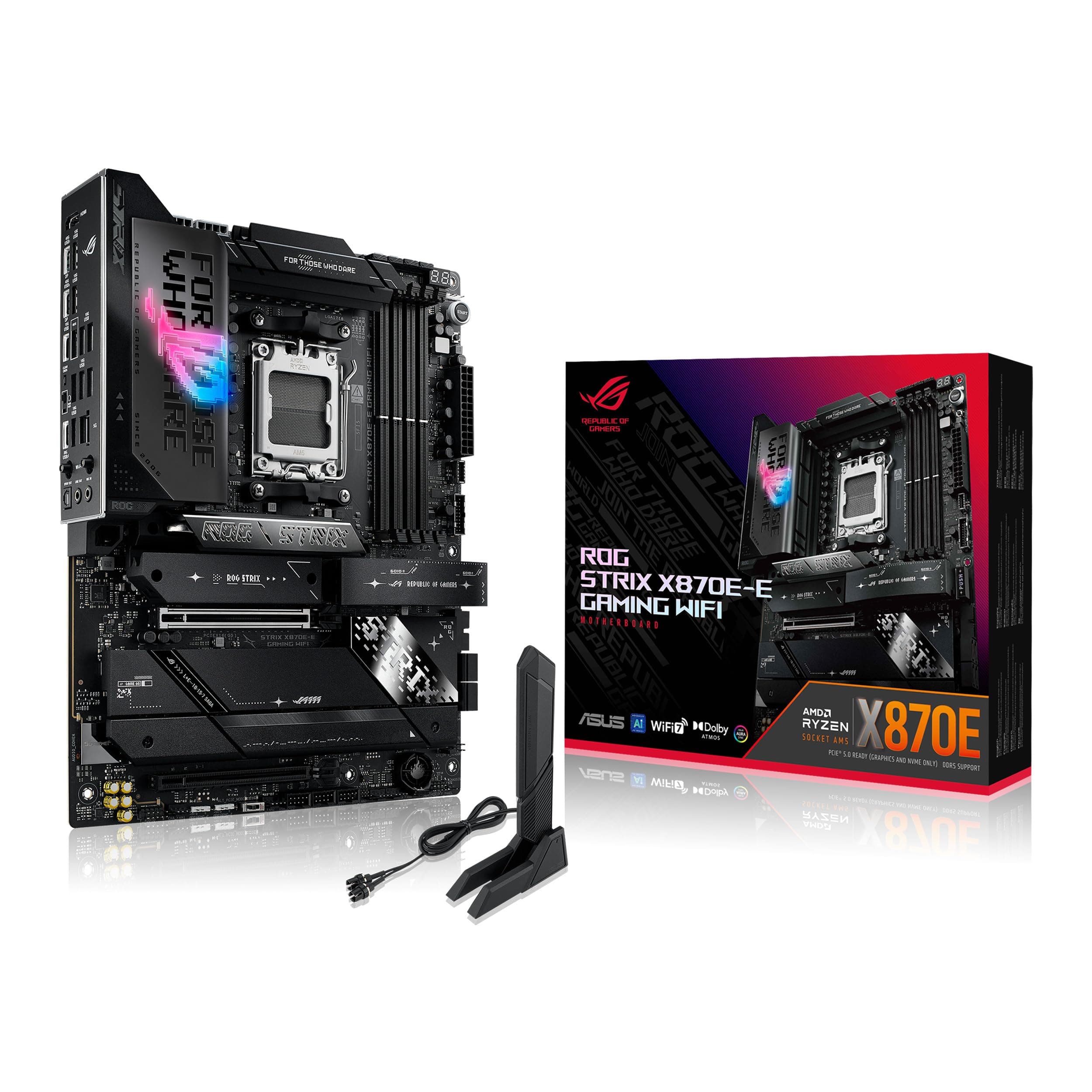 ASUS ROG Strix X870E-E Gaming WiFi AMD AM5 X870 ATX Motherboard 18+2+2 Leistungsstufen, Dynamic OC Switcher, Core Flex, DDR5 AEMP, WiFi 7, 5X M.2, PCIe® 5.0, Q-Release Slim, USB4®, AI OCing & ROG X870E-E|WIFI 7