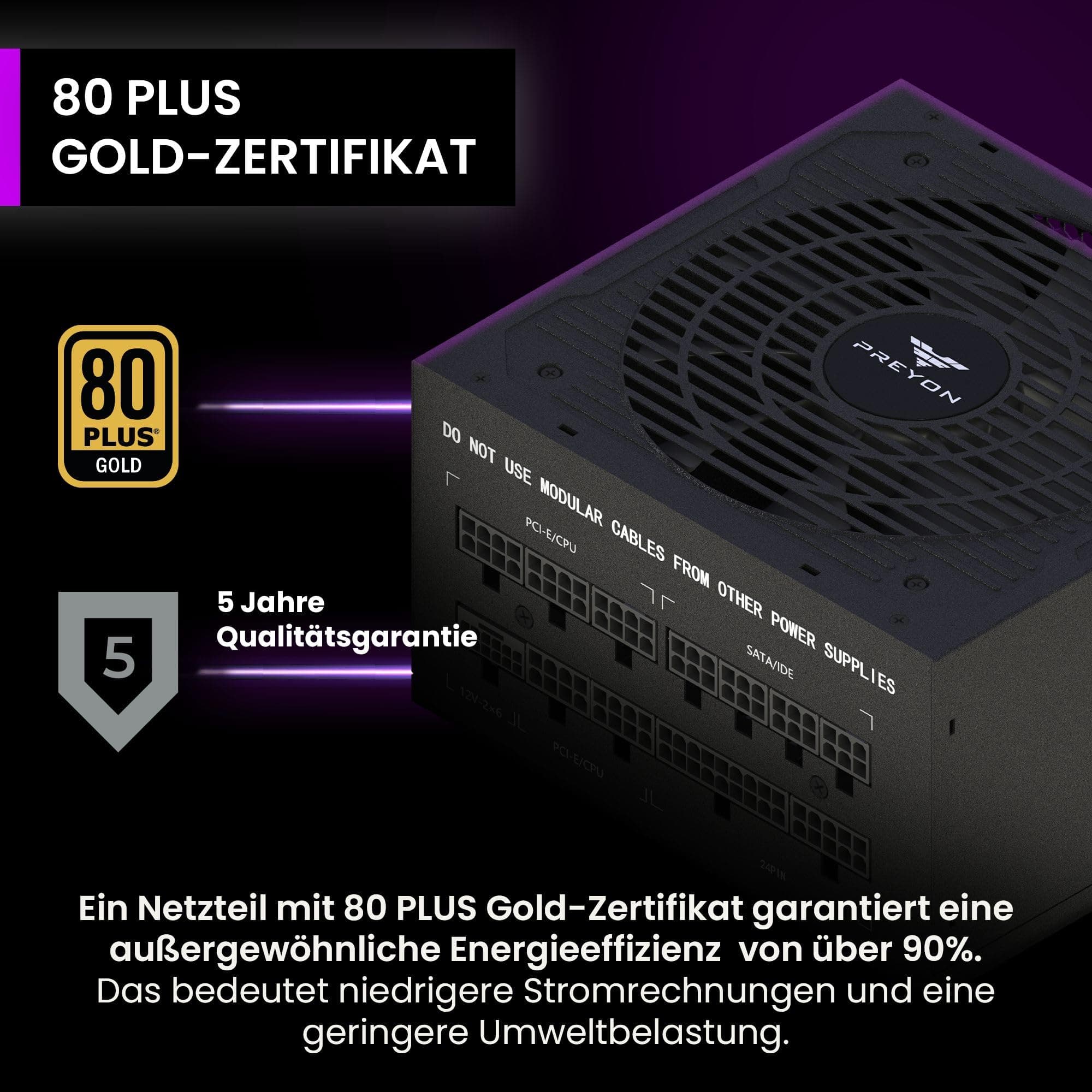 PREYON Eagle Power Gaming 750–1000W Netzteil 80+ Gold – Modular, Leise, Kompakt, Für Gamer & Kreative, 600W GPU-Support, Japanische Kondensatoren, Hohe Effizienz, Premium-Design Bild 4