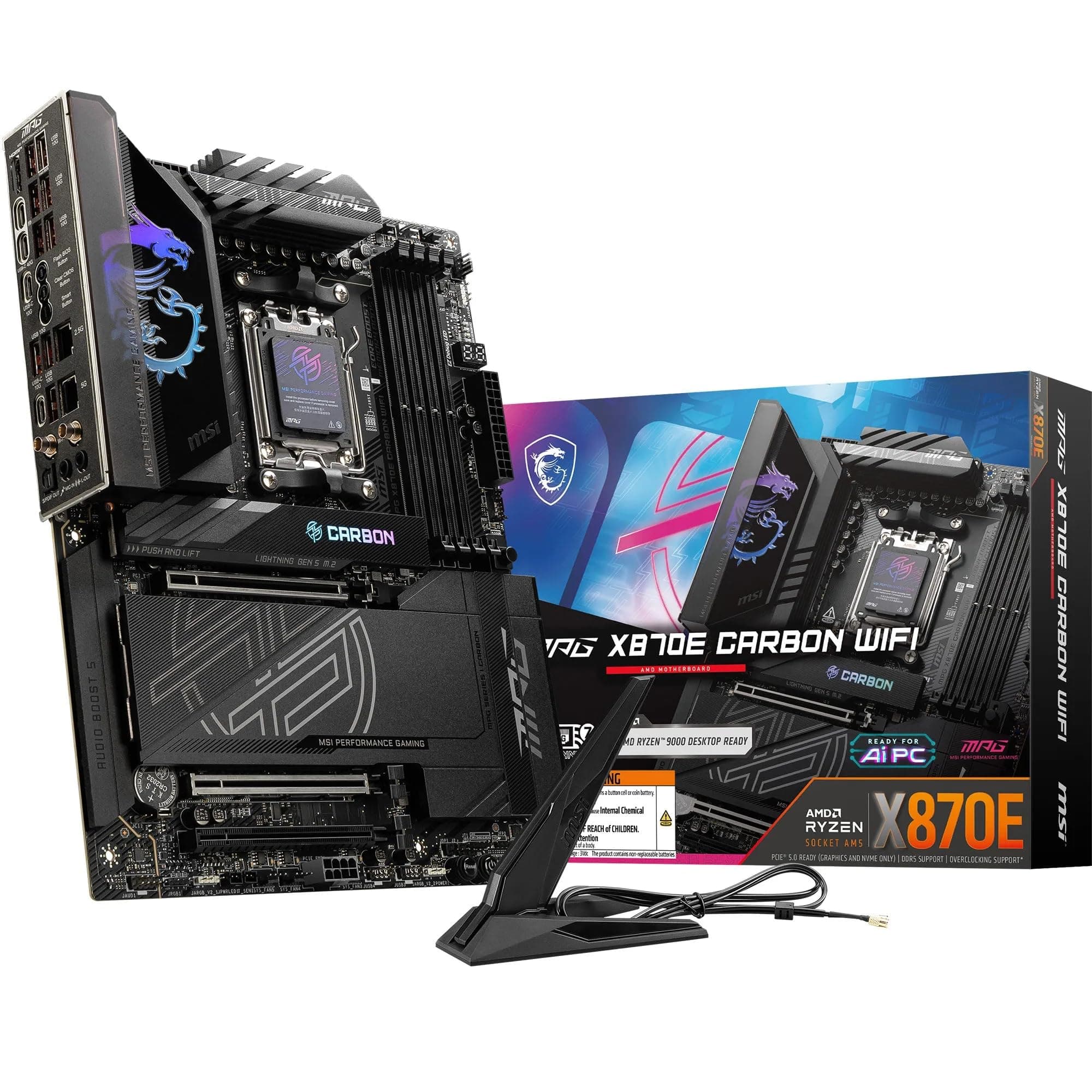 MSI MPG X870E Carbon WiFi Mainboard, ATX - Unterstützt AMD Ryzen 9000/8000/7000 Prozessoren, AM5-110A SPS VRM, DDR5 Memory Boost 8400+MT/s (OC), PCIe 5.0 x16 & 4.0 x16, M.2 Gen5, Wi-Fi 7, 5G LAN Bild 2