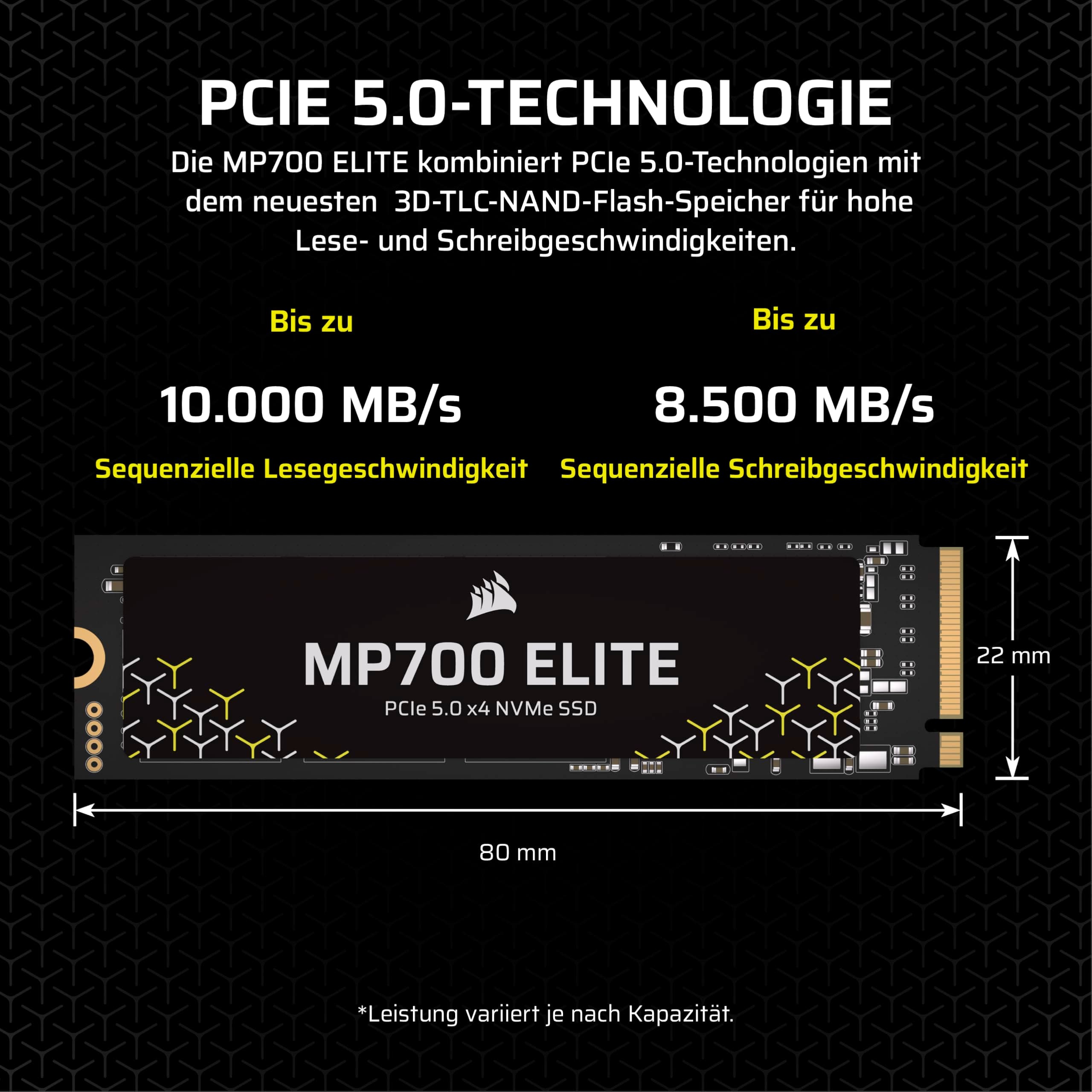 Corsair MP700 Elite 1TB PCIe 5.0 x4 NVMe M.2 SSD – Bis zu 10,000MB/sec – Hohe Dichte 3D TLC NAND – M.2 2280 – Kompatibel mit DirectStorage – Schwarz Bild 5