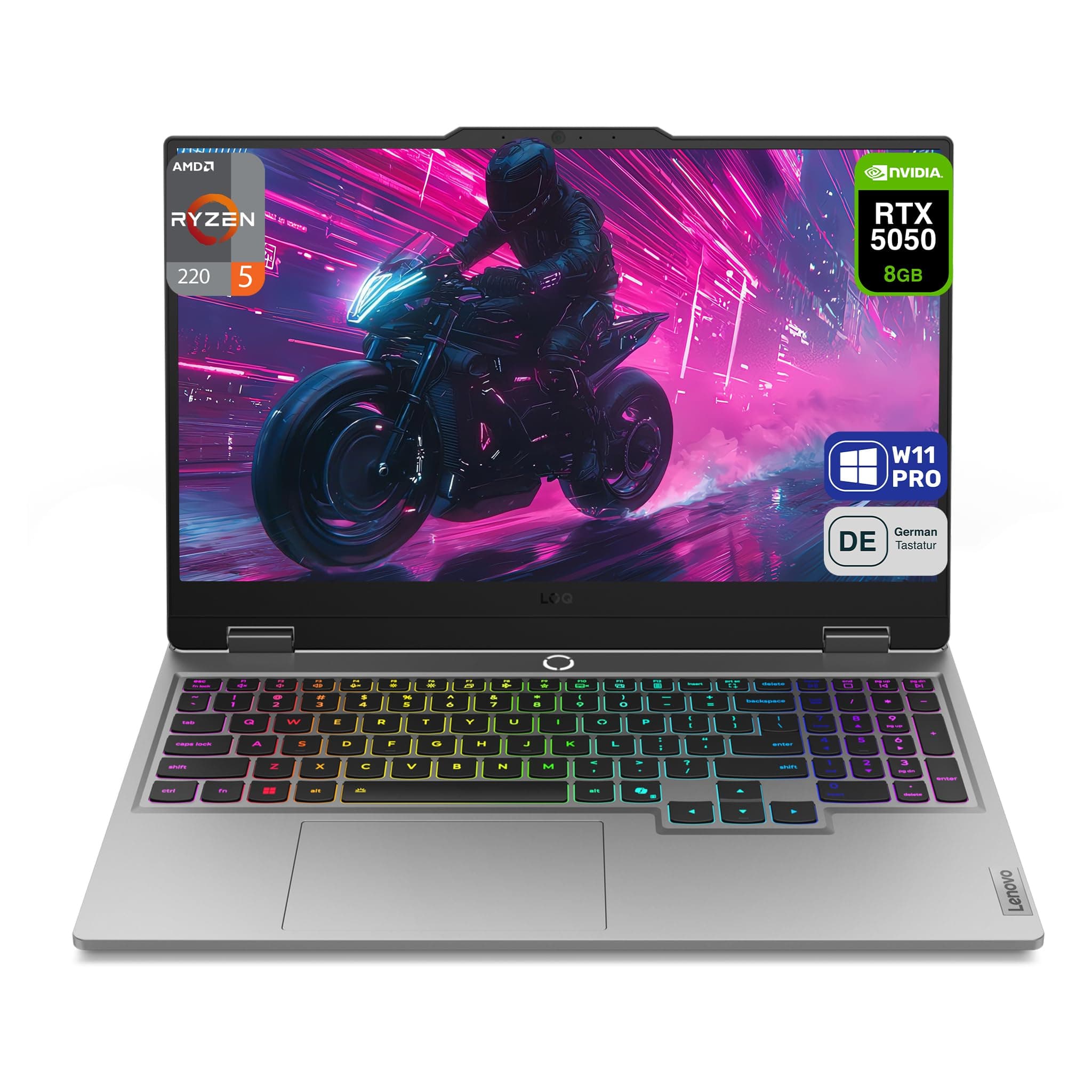 Lenovo LOQ 15AHP10 Gaming Laptop, AMD Ryzen 5 220,16 GB DDR5 RAM, 512 GB PCIe SSD, 15.6" FHD (1920x1080) IPS Display, NVIDIA GeForce RTX 5050, Deutsches Tastatur-Layout, W11 Home, Luna Grey 16 GB RAM | 512 GB SSD Windows 11 Home