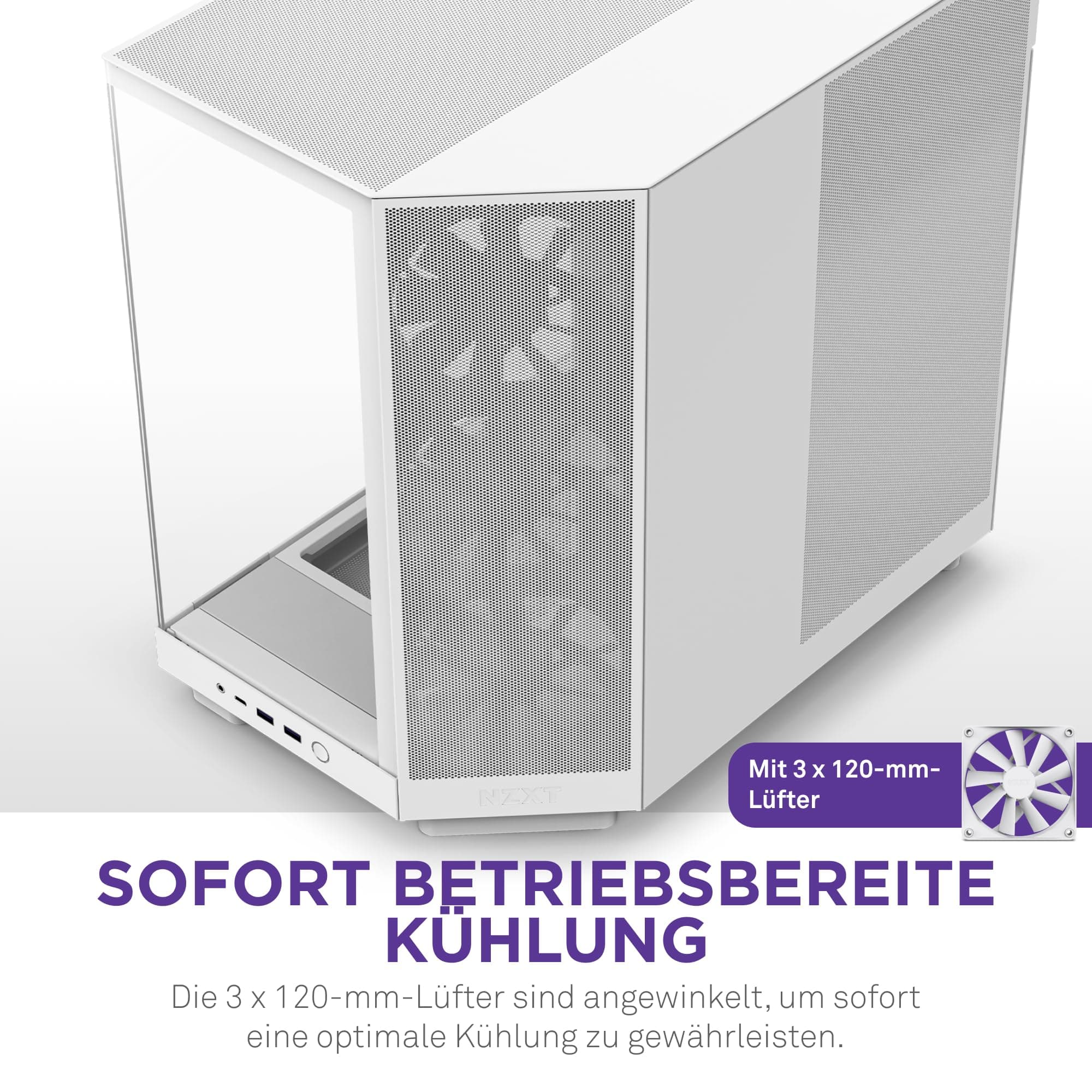 NZXT H6 Flow, CC-H61FW-01, Kompaktes Mid, Tower Gehäuse mit Zwei Kammern, Glaspaneele mit Panoramablick, Hochleistungs,Airflow,Panels, Inklusive 3 x 120 mm Lüfter, Weiß White H6 Flow Bild 7