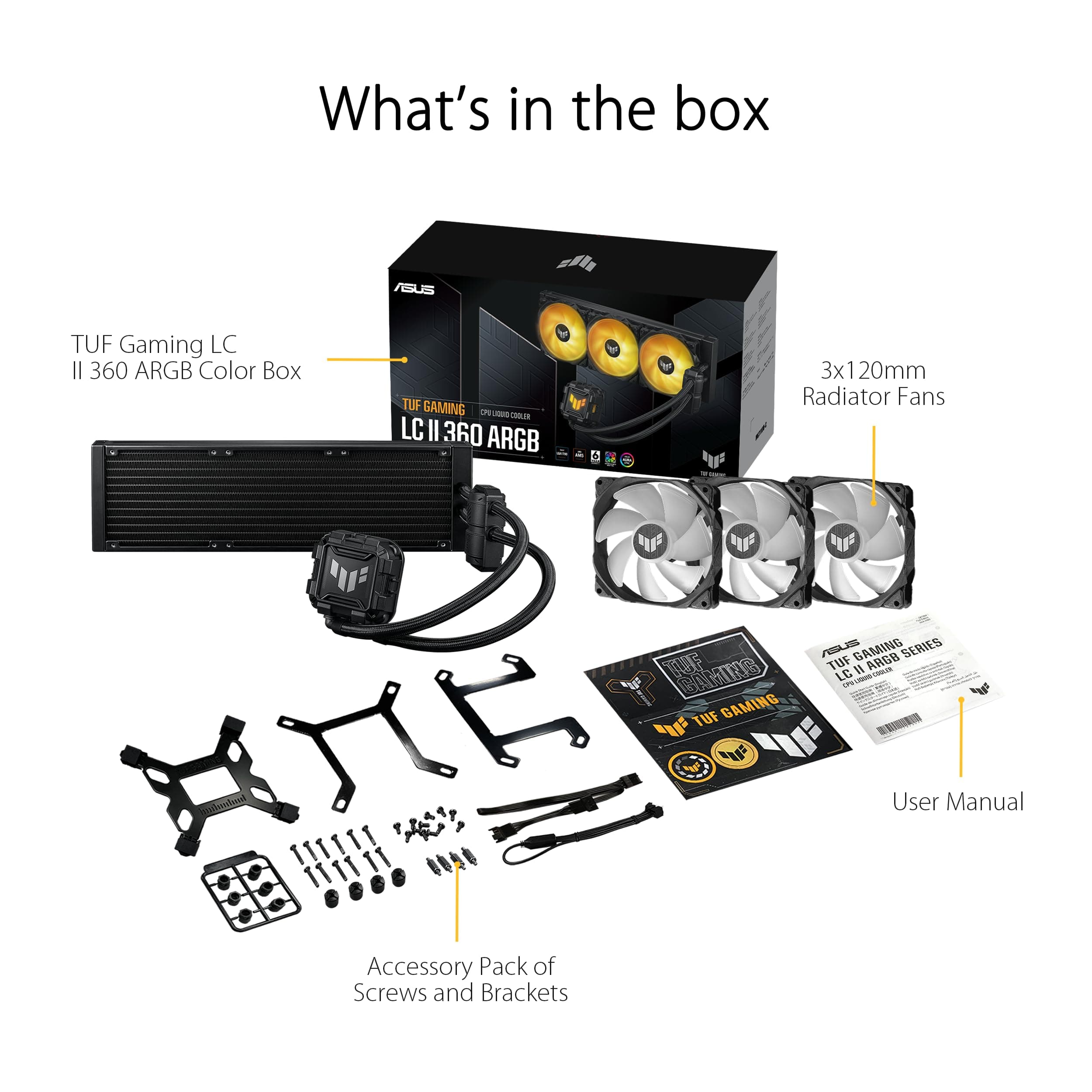 ASUS TUF Gaming LC II 360 ARGB All-in-One-Flüssig-CPU-Kühler (Aura Sync Beleuchtung, 3X TUF Gaming 120mm ARGB-Radiatorlüfter, schwarz) Bild 7