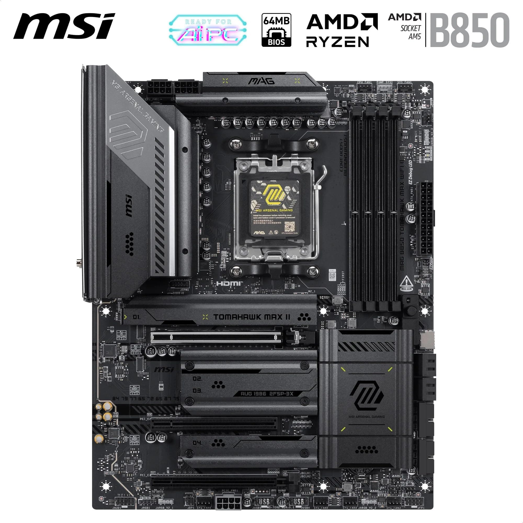 MSI MAG B850 Tomahawk MAX WiFi II Mainboard - Unterstützt AMD Ryzen 9000/8000 / 7000 Prozessoren, AM5-80A SPS VRM, DDR5 Memory Boost (bis zu 8400+ MT/s OC), PCIe 5.0 x16, M.2 Gen5, Wi-Fi 7, 5G Bild 3
