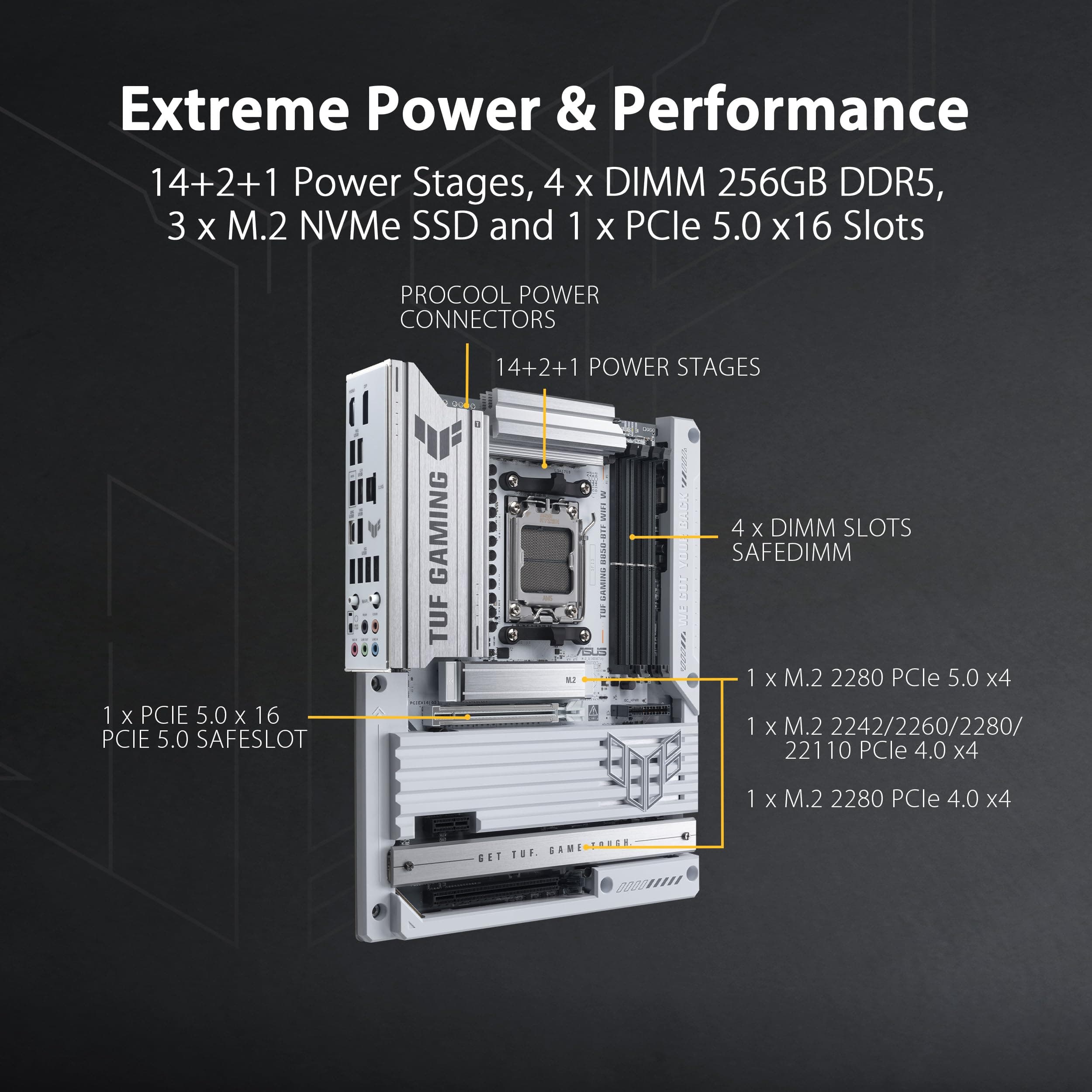ASUS TUF Gaming B850-BTF WiFi W Mainboard Sockel AMD AM5 (Ryzen 9000, ATX, PCIe 5.0, DDR5 Speicher, WiFi 7, verstecktes Anschlussdesign, Aura Sync) Bild 5