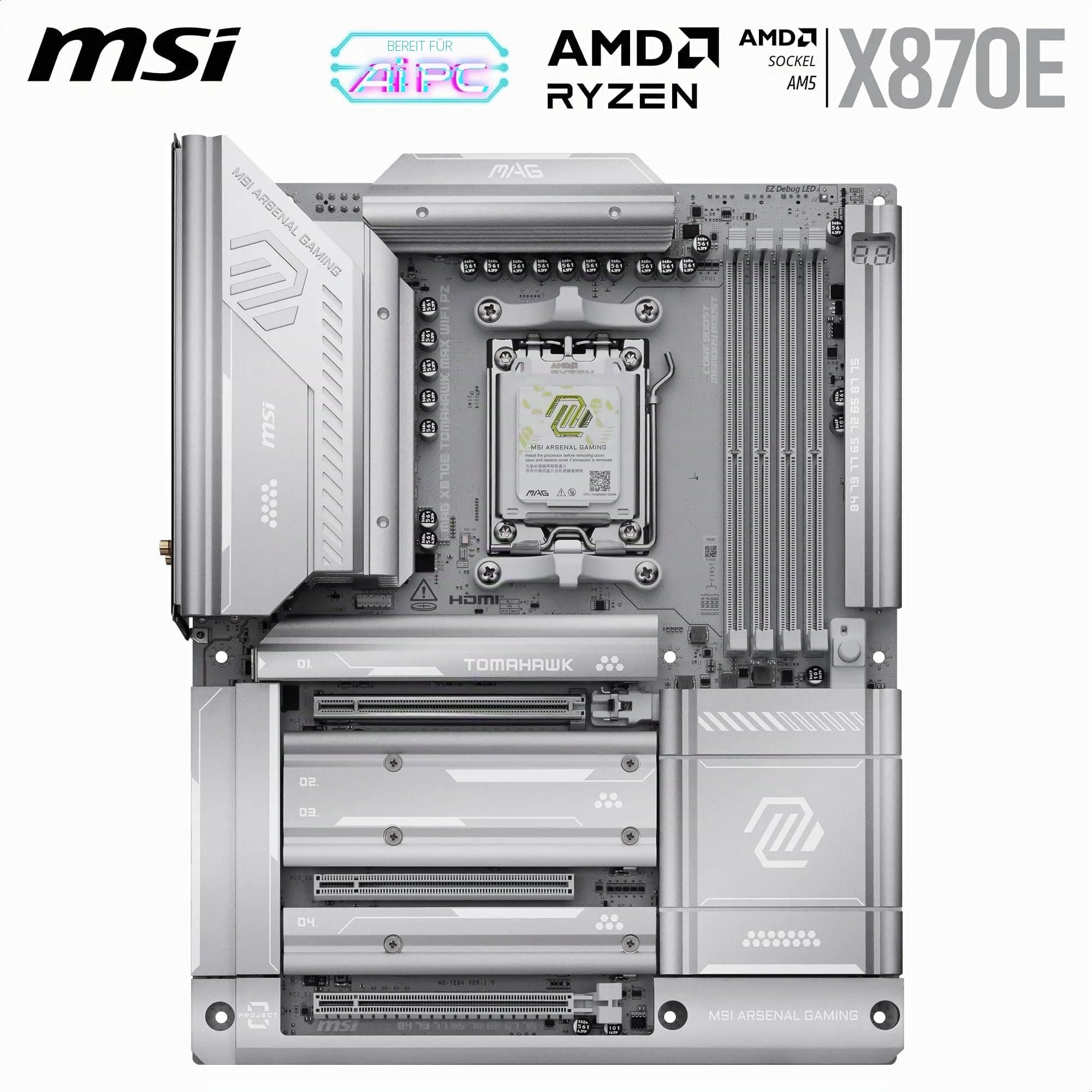 MSI MAG X870E Tomahawk MAX WiFi PZ Motherboard, ATX - Unterstützt AMD Ryzen 9000/8000/7000 Prozessoren, AM5 - DDR5 Memory Boost 8400+ MT/s (OC), PCIe 5.0 x16, M.2 Gen5, Wi-Fi 7, 5G LAN Bild 3