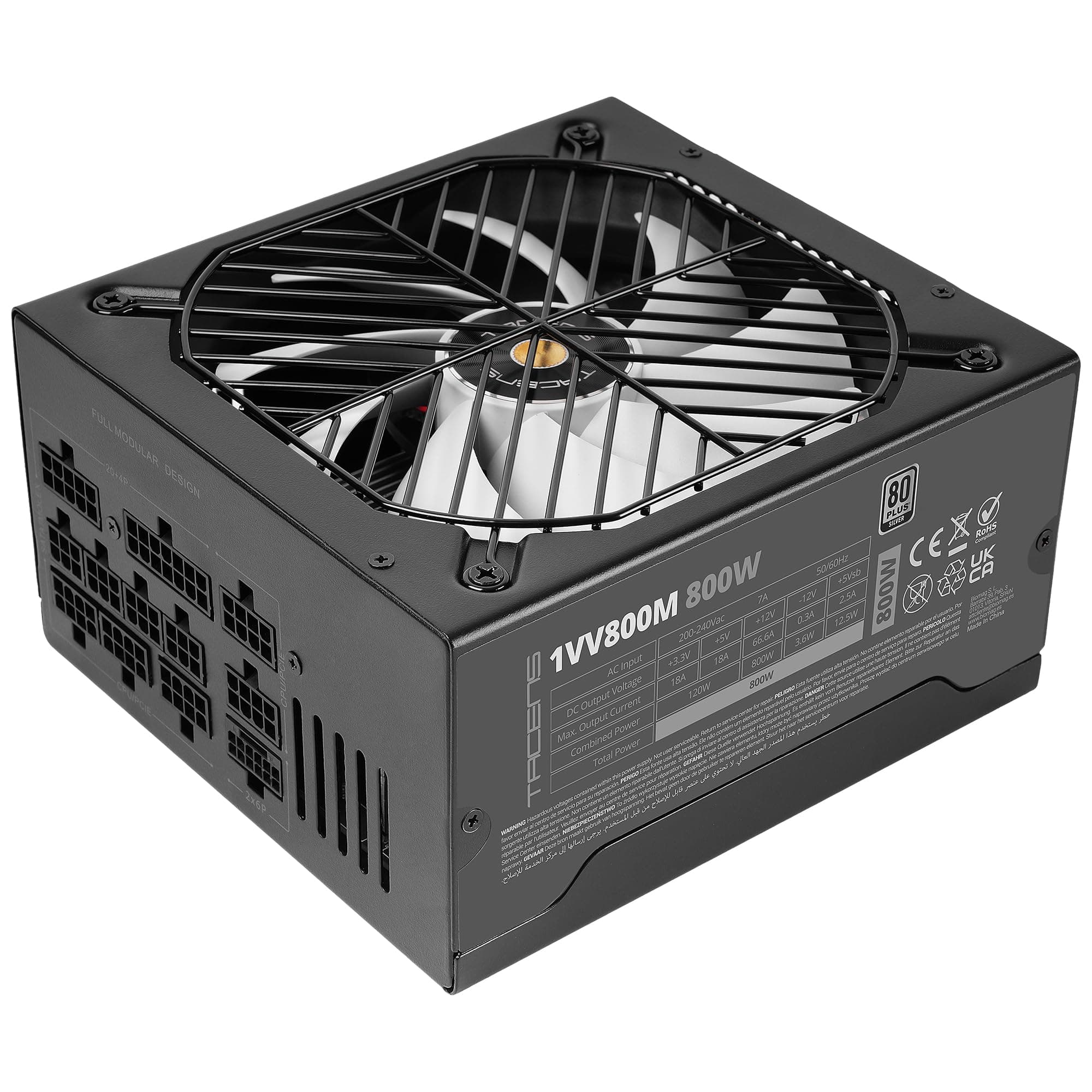 Tacens Valeo V 800M, ATX 3.1 Netzteil 800W, 10 Jahre Garantie, 80Plus Silver, AI2-RPM FDB 140mm Lüfter, Japanische Kondensatoren 105°C, Modulares Kabelmanagement, PCIe 5.1 und 12V 2x6, schwarz 1VV800M