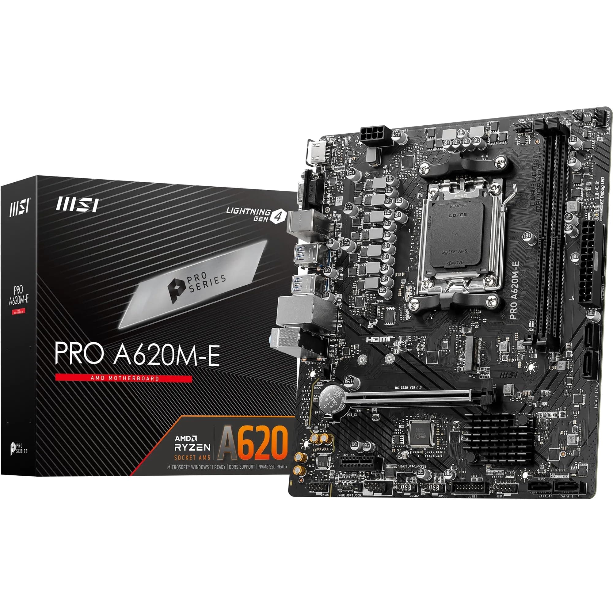 MSI PRO A620M-E Mainboard Micro-ATX - Unterstützt AMD Ryzen 7000 Series Prozessoren, AM5 - DDR5 Memory Boost 6400+MHz/OC, 1 x PCIe 4.0 x16, 1 x M.2 Gen4 PRO A620M-E Micro-ATX