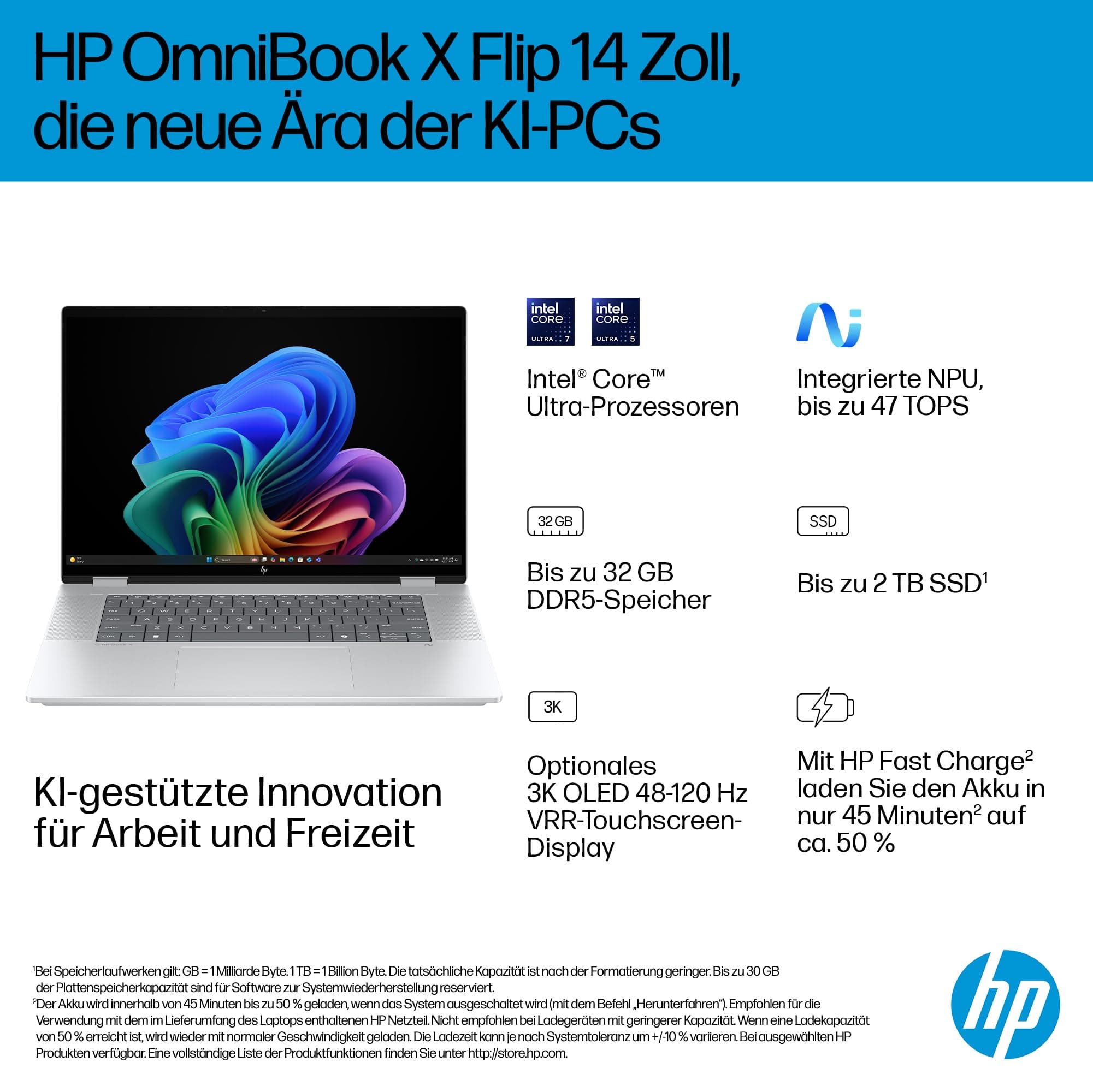 HP OmniBook X Flip 2-in-1 Laptop (16" 2K Touchscreen, Intel Core Ultra 5, Copilot+, 16GB RAM, 512GB, Win 11, QWERTZ) - Silber Intel Ultra 5 226V Intel Arc 130 V Bild 2