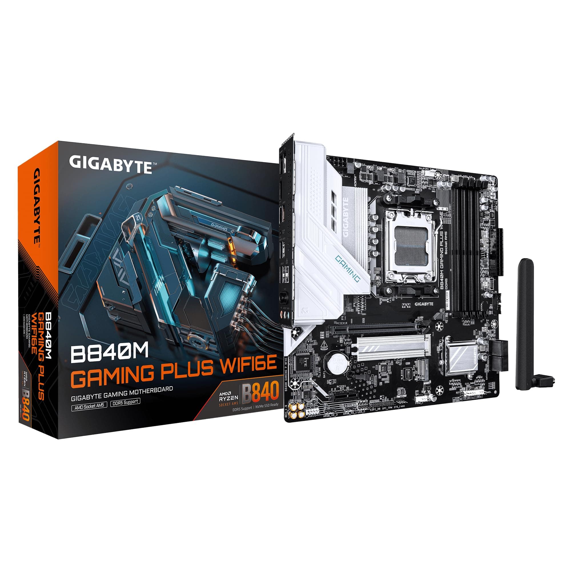 GIGABYTE B840M Gaming Plus WIFI6E Mainboard – AMD Ryzen 9000 CPUs, 8+2+2-Phasen-VRM, bis zu 8200 MHz DDR5 (O.C.), 2× PCIe-4.0-M.2, Wi-Fi 6E, 1-GbE-LAN, USB 3.2 Gen 2 Bild 2