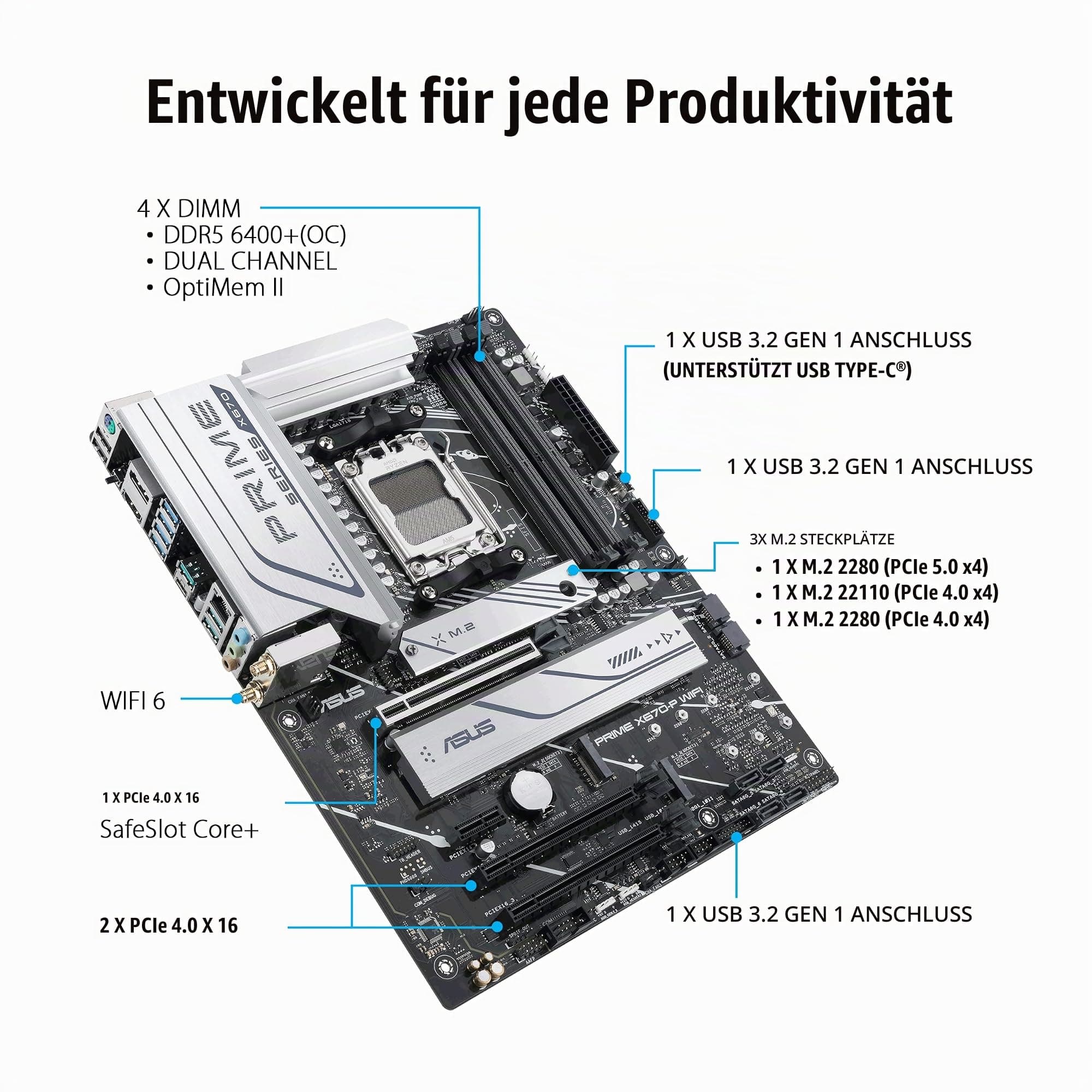 ASUS Prime X670-P WiFi Gaming Mainboard Sockel AMD AM5 (Ryzen 7000, ATX, PCIe 5.0, 3X M.2, DDR5-Speicher, WiFi6, USB 3.2 Gen 2x2 Typ-C, Aura Sync RGB-Beleuchtung) Bild 5