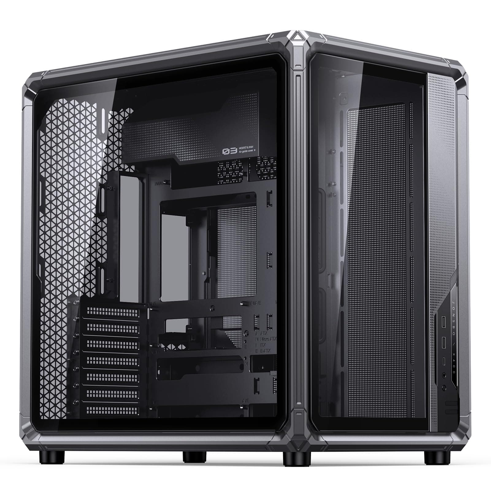 JONSBO X400 graues ATX-PC-Gehäuse, Back-Connect-Desktop-Gehäuse, MB Auxiliary Air Guidance Kühlsystem, E-Sport-Assistent, 3 Seiten SP 360 AIO, SP 427 mm GPU, ATX < 180 mm, Kompatibilität Bild 7