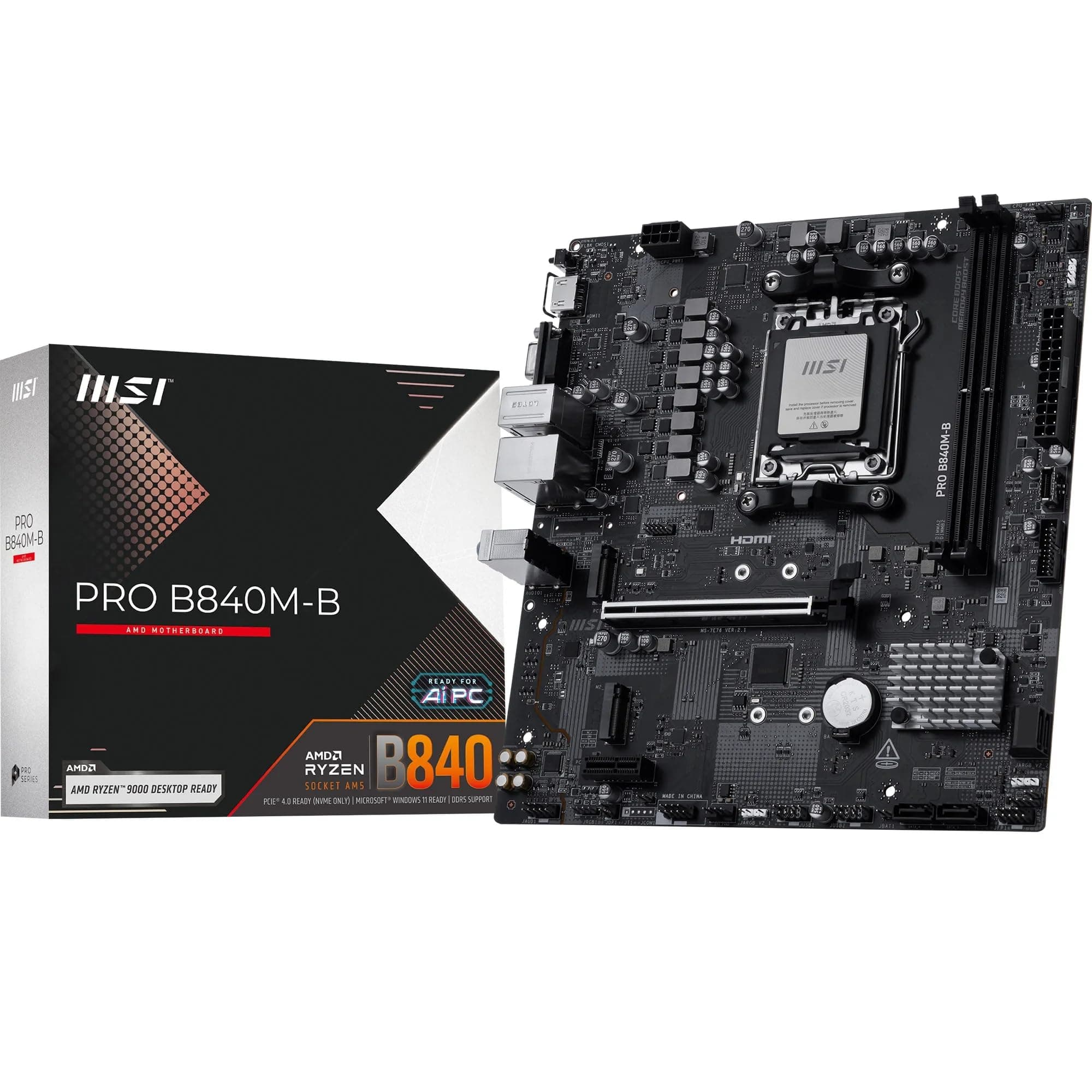 MSI PRO B840M-B Mainboard, mATX - Unterstützt AMD Ryzen 9000/8000 / 7000 Prozessoren, AM5 - DDR5 Memory Boost (8000+ MT/s OC), PCIe 4.0 x16, M.2 Gen4, 2.5G LAN Bild 2
