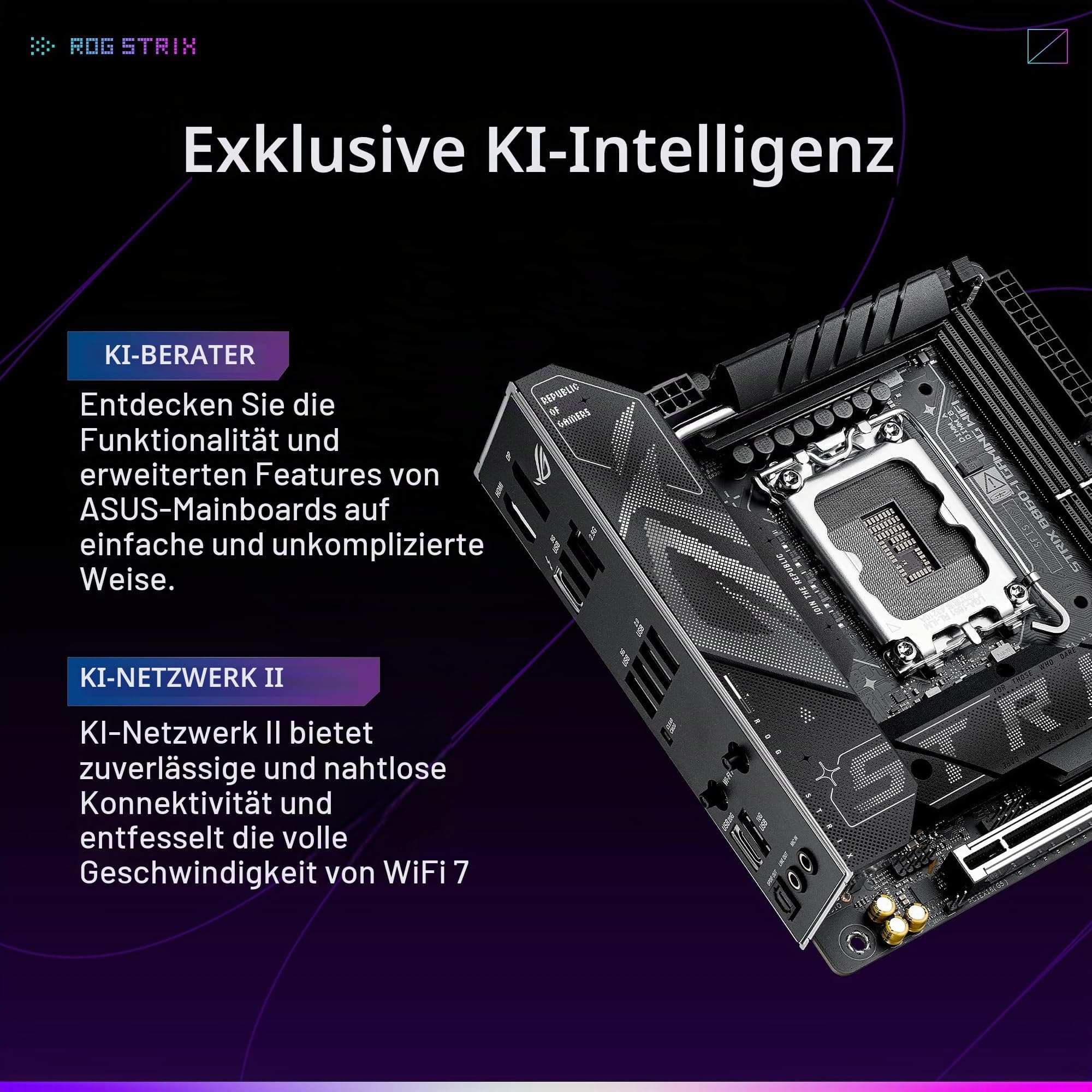 ASUS ROG Strix B860-I Gaming WiFi B860 LGA 1851 mITX Mini-ITX Motherboard, Intel Core Ultra Series 2 Ready, Advanced AI Ready, 10+1+2+1 Schritt, DDR5, 2.5G LAN, WiFi7, M.2, Thunderbolt 4, USB Type-C Bild 3