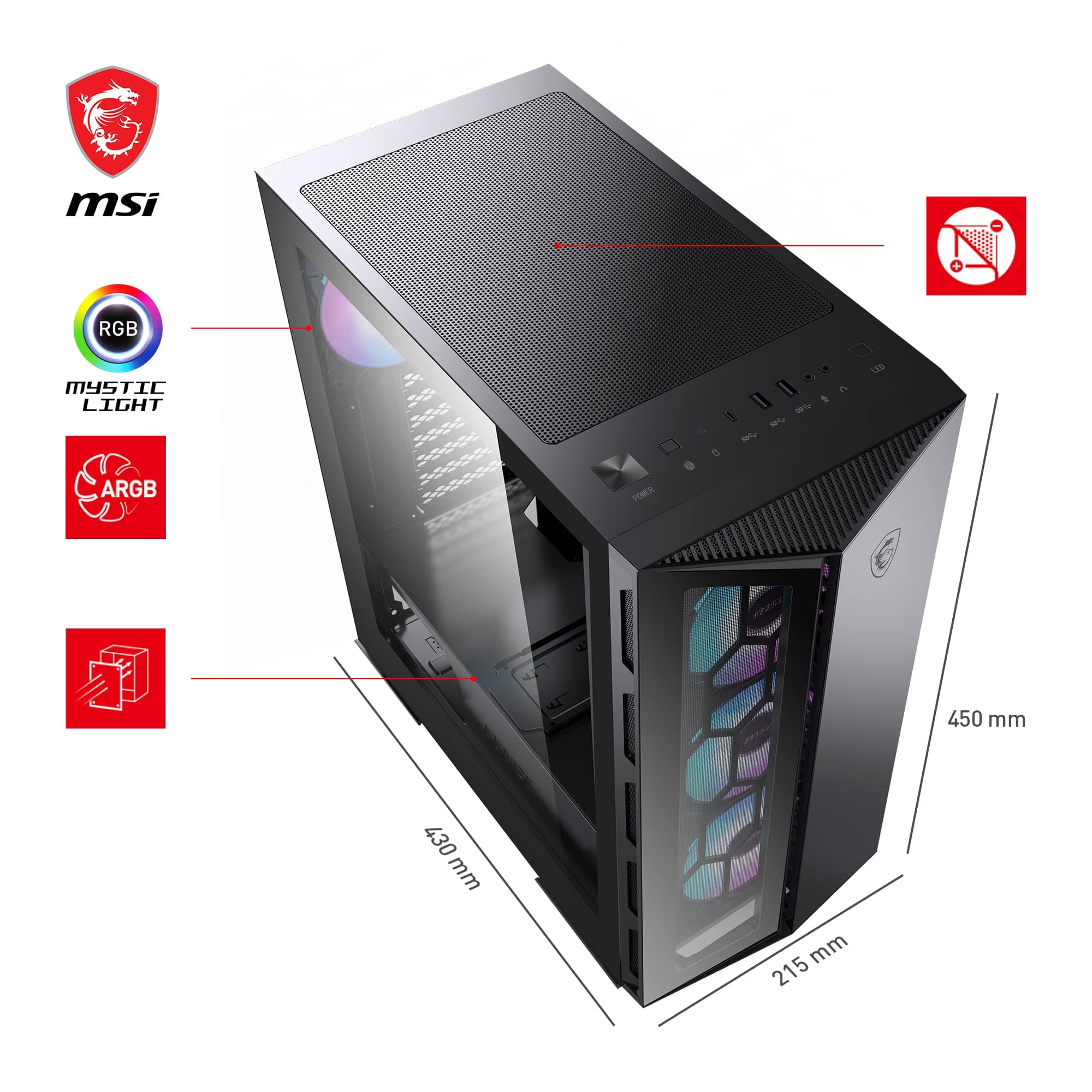 MSI MPG GUNGNIR 110R Mid-Tower PC-Gehäuse - Gehärtetes Glas, unterstützt ATX, M-ATX & Mini-ITX, 4X 120mm ARGB Lüfter mit Hub Controller, magnetischer Staubfilter, USB 3.2 Gen 2x2 Typ-C, Gen 1 Typ-A Bild 5