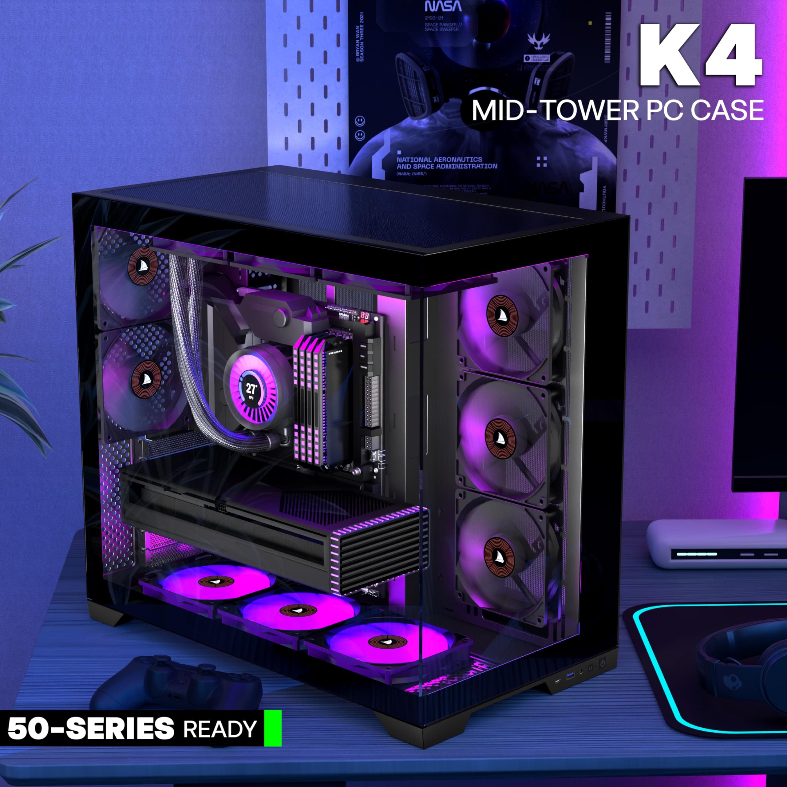 KEDIERS PC Gehäuse - vorinstallierte 5-Lüfter, ATX Mid Tower Gaming Gehäuse, Computergehäuse mit öffnendem Seitenteil aus gehärtetem Glas Schwarz G500 Bild 3