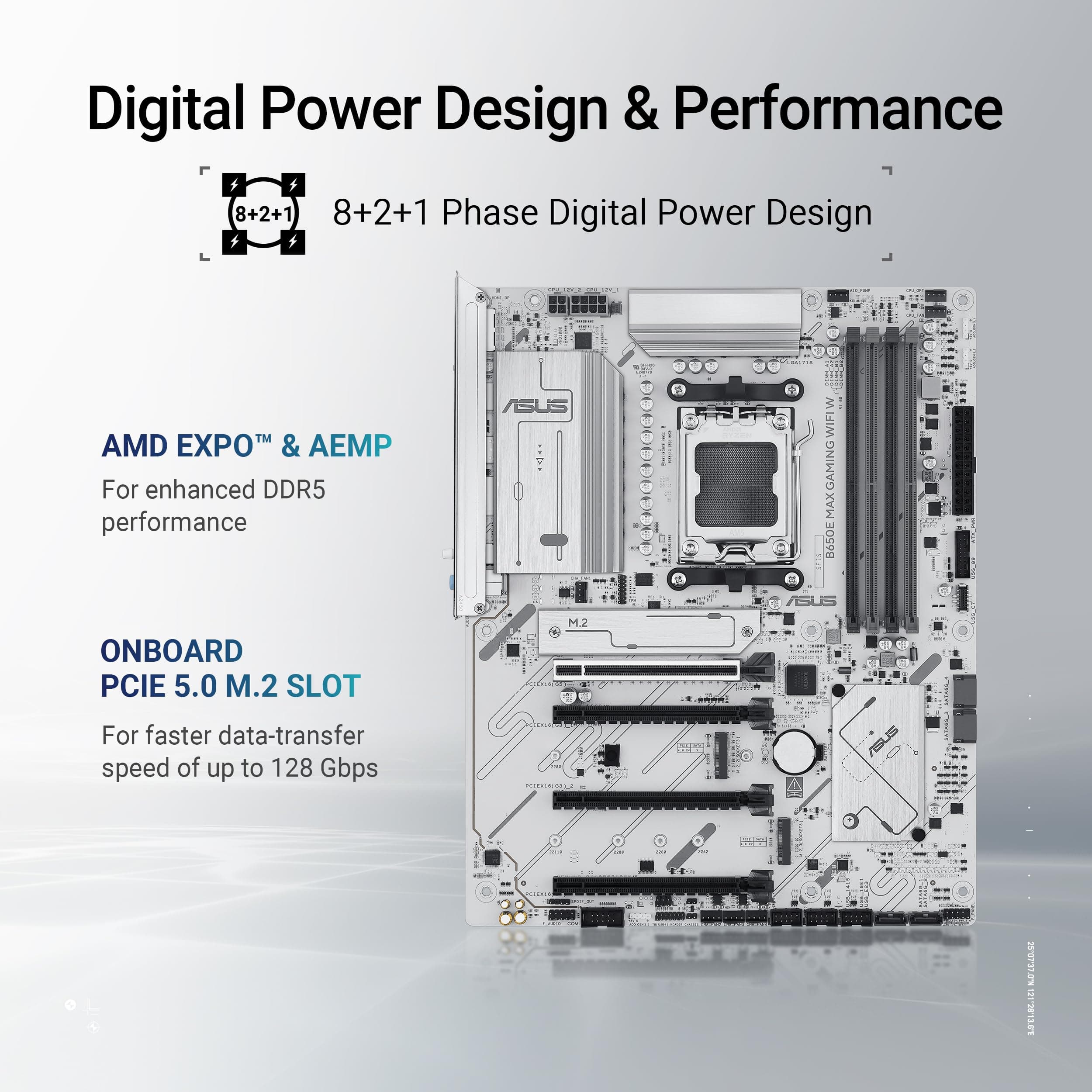 ASUS B650E MAX Gaming WiFi W Mainboard Sockel AMD AM5 (Ryzen 9000, DDR5 Speicher, PCIe 5.0, 3X M.2, WiFi 6E, BIOS Flashback, Aura Sync, CEC Tier II) Bild 5
