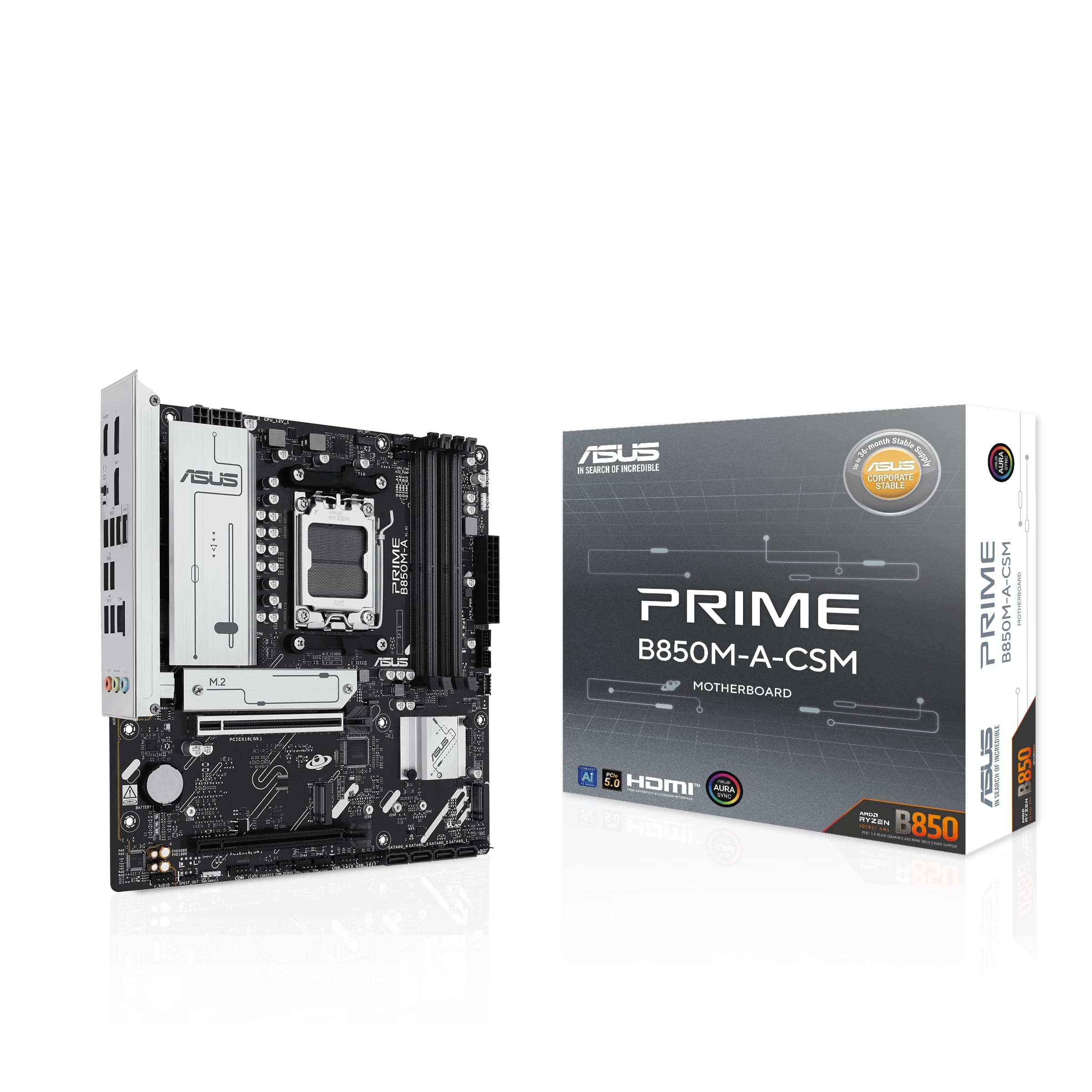 ASUS Prime B850M-A-CSM Mainboard Sockel AMD AM5 (microATX, DDR5, PCIe 5.0, 3X M.2 Slots, Realtek 2.5Gb Ethernet, DisplayPort, HDMI, BIOS Flashback, Aura Sync, Control Center Express) B850 Micro-ATX M-A-CSM