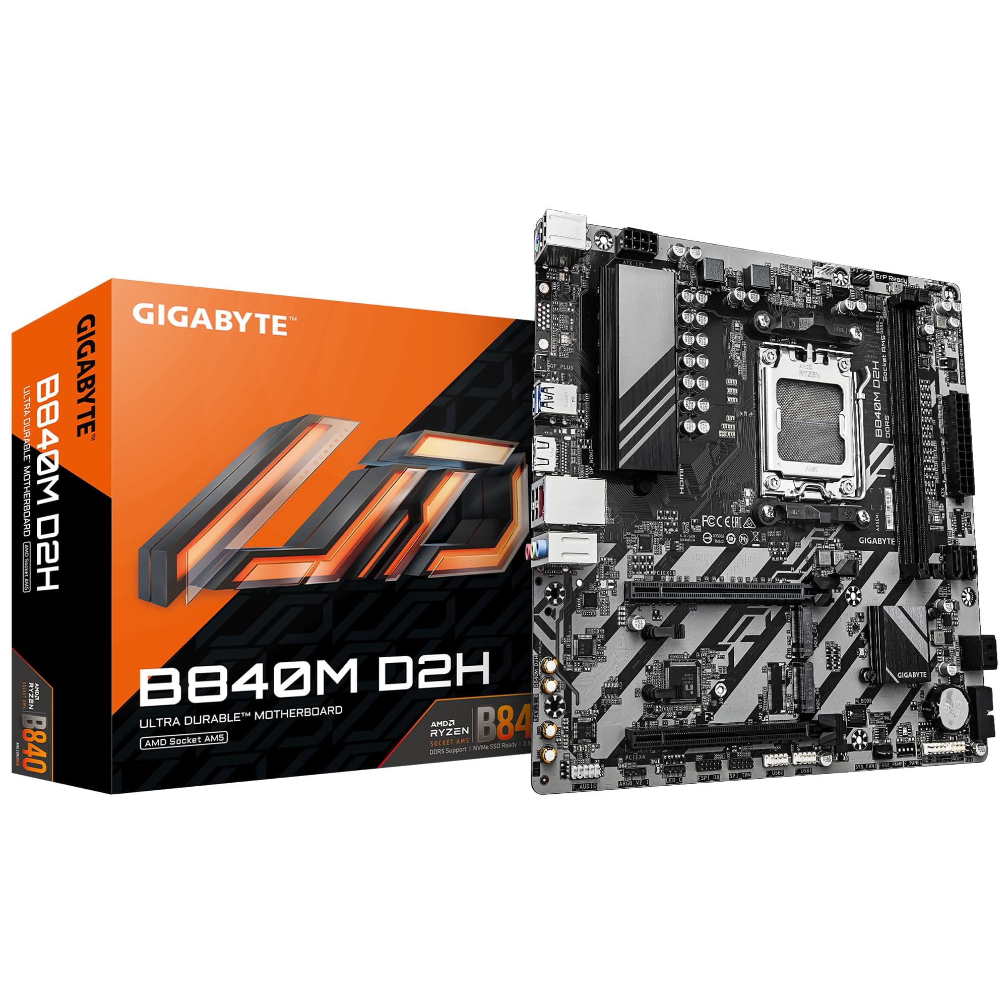 GIGABYTE B840M D2H Mainboard – AMD Ryzen 9000 CPUs, 5+2+2 Phasen VRM, bis zu 7600 MHz DDR5, 1xPCIe 4.0 + 1xPCIe 3.0 M.2, 2.5GbE LAN, USB 3.2 Gen 1 Bild 2