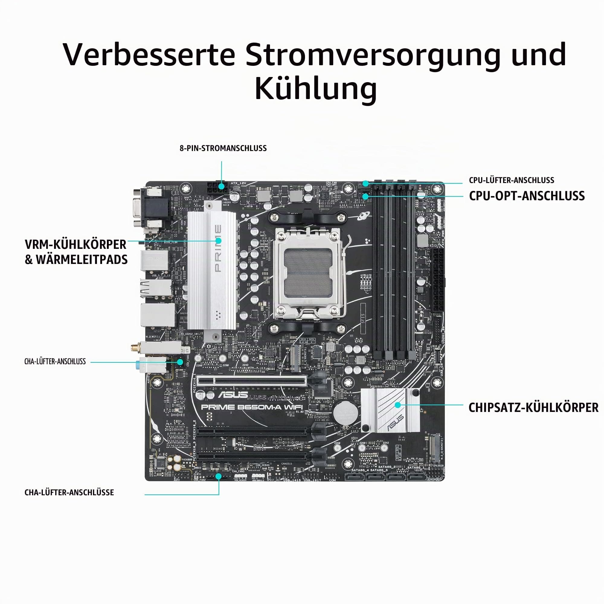 ASUS Prime B650M-A WIFI Gaming Mainboard Sockel AMD AM5 (Ryzen 7000, micro-ATX, DDR5 Speicher, PCIe 5.0, WiFi 6, BIOS Flashback, USB 3.2 Gen 2, Aura Sync) Bild 3