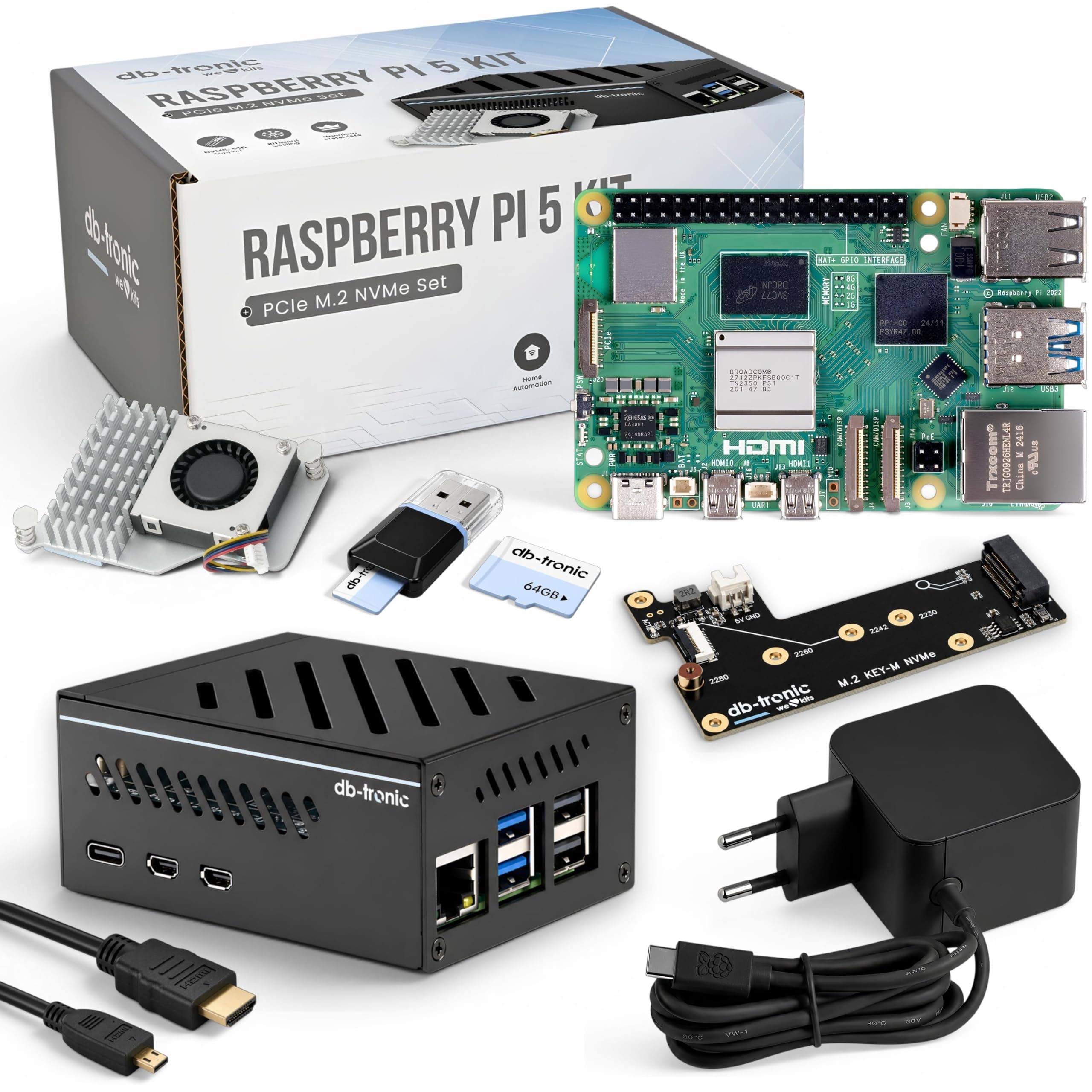 db-tronic Raspberry Pi 5 8GB PCIe M.2 NVMe Set | 64GB Edition | Netzteil 27W | Metallgehäuse | Active Cooler | M.2 NVMe SSD PCIe Board | Ideal für Smart Home, Retro Gaming & Home Assistant 8GB RAM