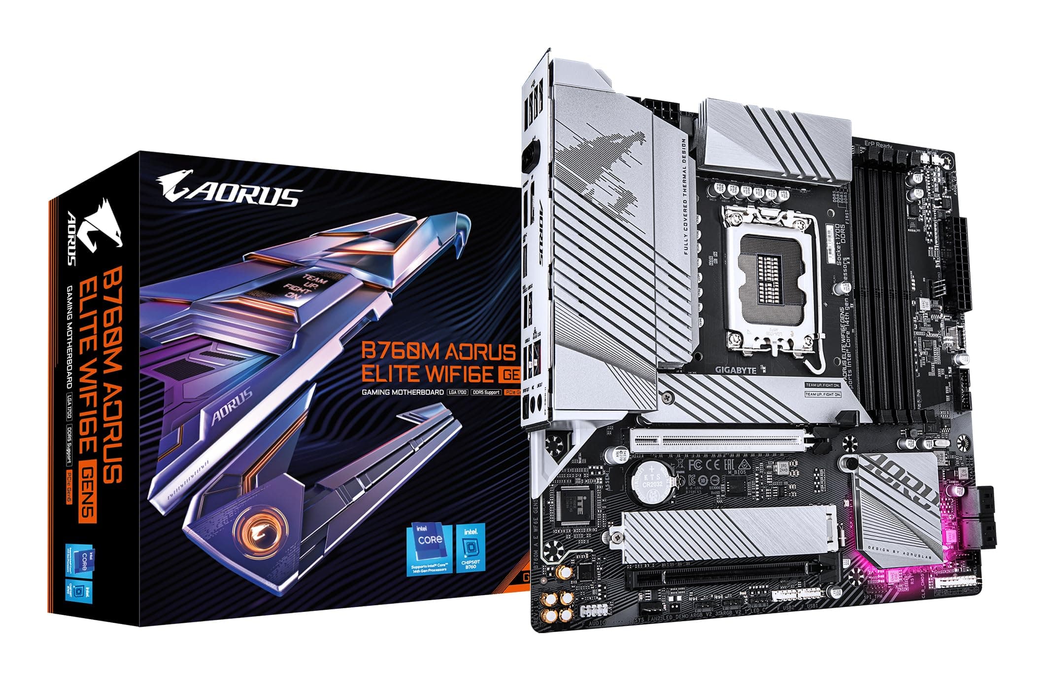 GIGABYTE B760M AORUS Elite WIFI6E GEN5 Mainboard – Unterstützt Intel Core Prozessoren der 14. Generation, 12+1+1 Phasen Digital-VRM, bis zu 5600 MHz DDR5, 2 x PCIe 4.0 M.2, Wi-Fi 6E, 2.5 GbE LAN Bild 2