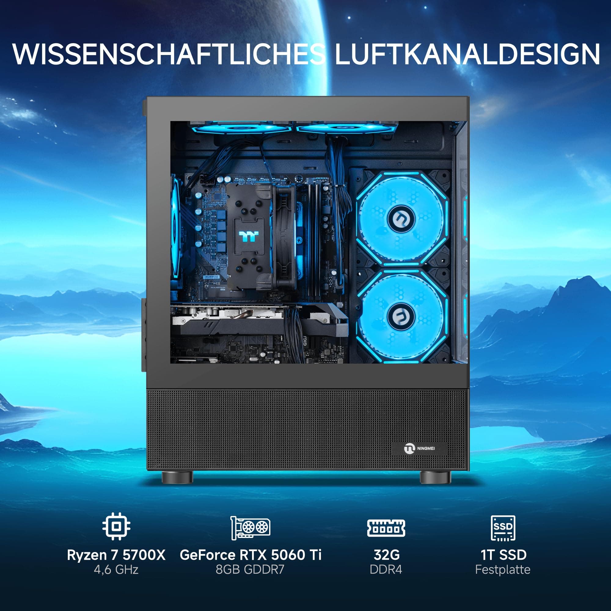 NINGMEI Supreme Master Gaming-PC Desktop, AMD Ryzen 7 5700X mit 8 Kernen, 3,4 GHz (bis zu 4,6 GHz), GeForce RTX 5060 Ti 8 GB, 32 GB DDR4-RAM, 1 TB NVMe-SSD, 600 W Netzteil, Windows 11 Home 64-Bit R7 5700X | 5060Ti-Schwarz Bild 4