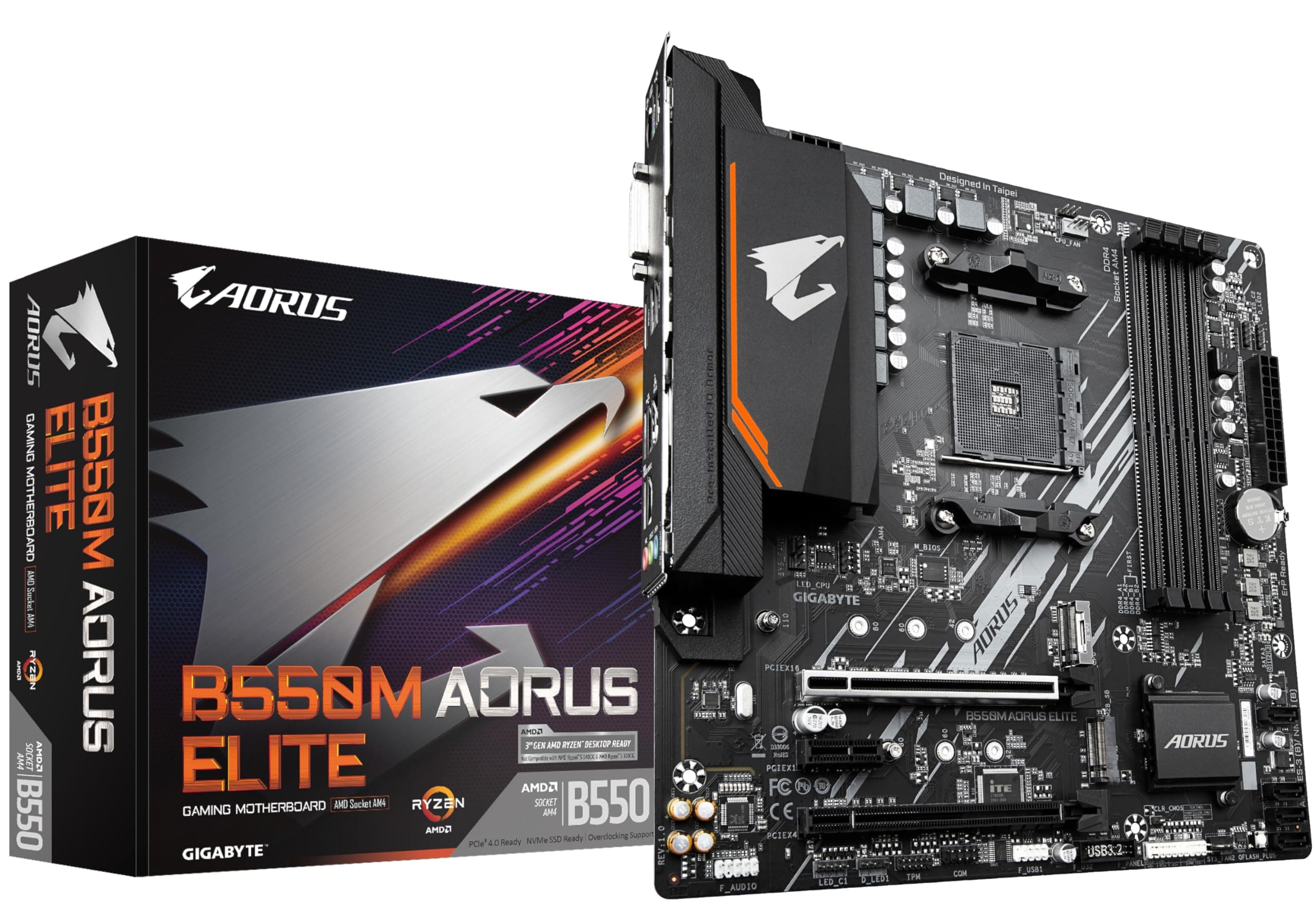 GIGABYTE B550M AORUS Elite Mainboard – AMD Ryzen 5000 CPUs, Micro-ATX Mainboard, 5+3 Phasen VRM, bis zu 4733 MHz DDR4, PCIe 4.0 + PCIe 3.0 M.2, 1GbE LAN, USB 3.2 Gen 1 Bild 2
