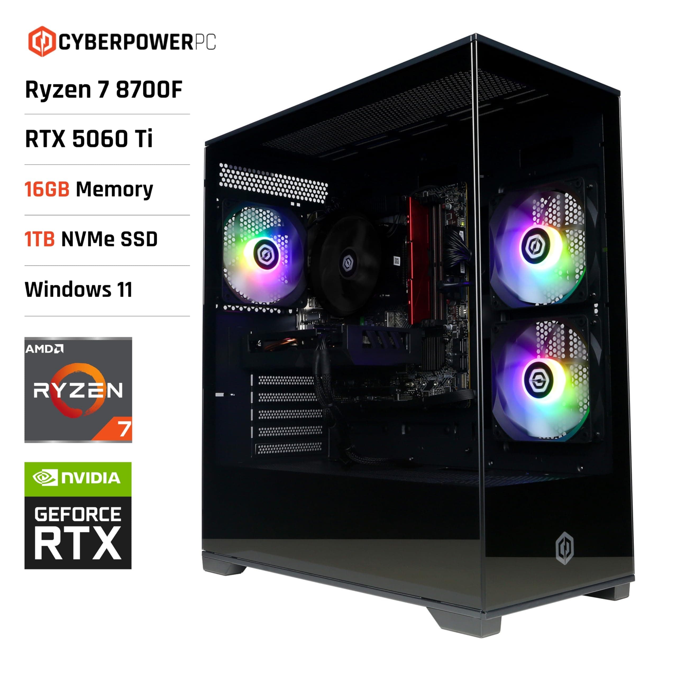 CYBERPOWERPC Wyvern Gaming PC - AMD Ryzen 7 8700F, Nvidia RTX 5060 Ti, 16GB RAM, 1TB NVMe SSD, 650W PSU, Wi-Fi, Windows 11, Prism Panoramic Black AMD Ryzen 7 8700F Nvidia RTX 5060 Ti Bild 2