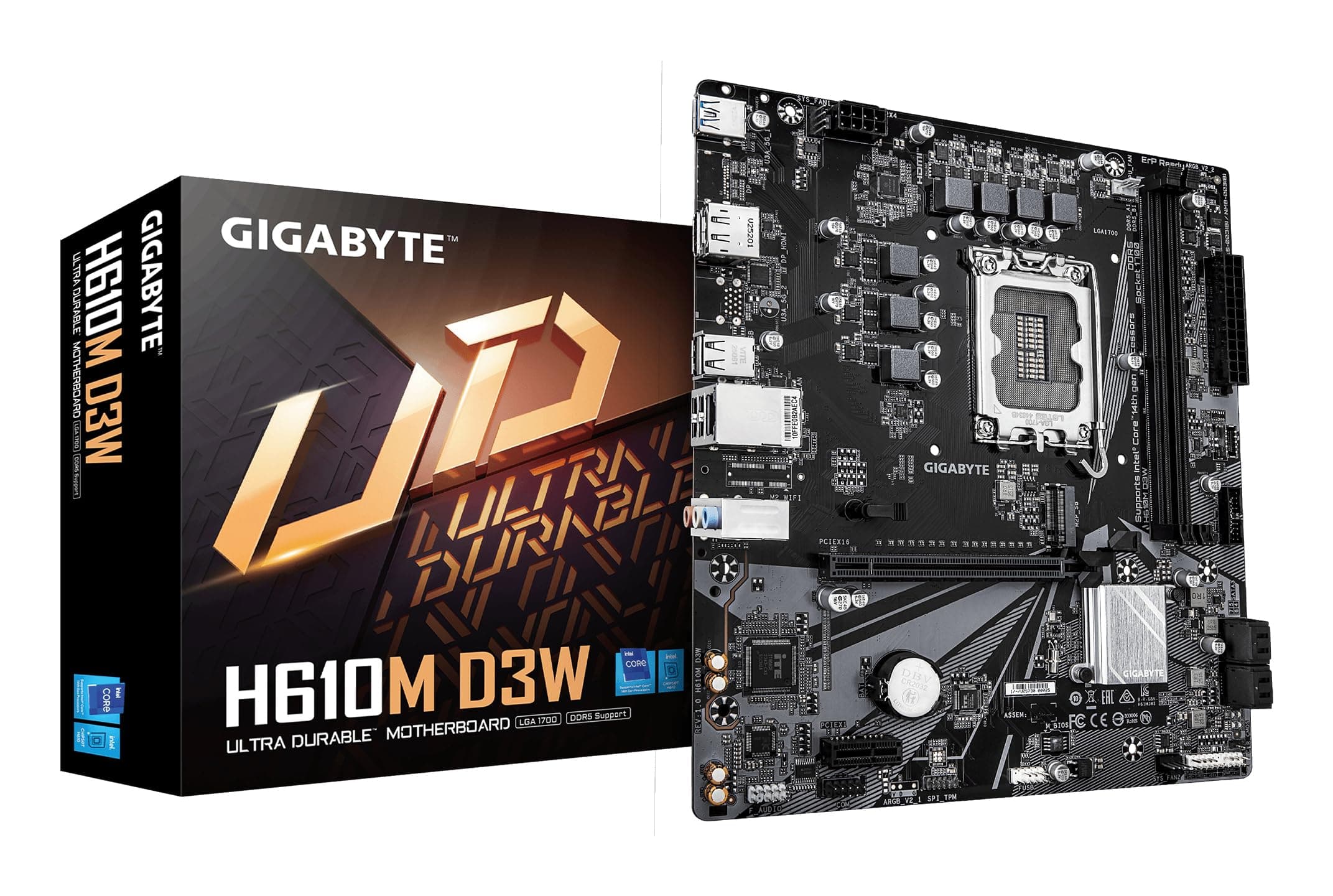 GIGABYTE H610M D3W Mainboard - Unterstützt Intel Core Prozessoren der 14. Generation, 5+1+1 Phasen VRM, bis zu 5600MHz DDR5, 1xPCIe 3.0 M.2, 1GbE LAN, USB 3.2 Gen 1 Bild 2