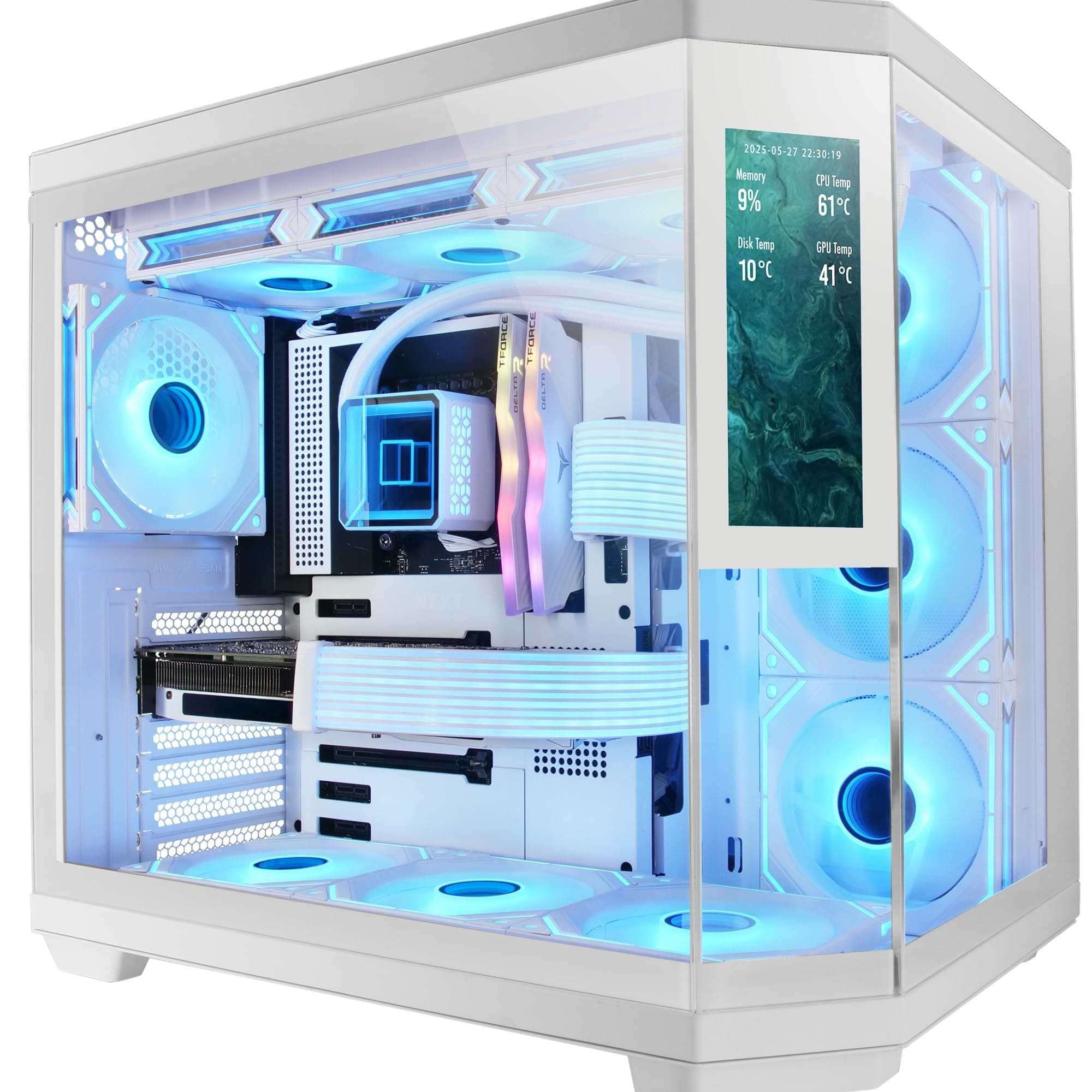 Mars Gaming MC-3TCORELCD ATX Gaming-Gehäuse, anpassbarer 7,2" IPS-Bildschirm, dreifaches herausnehmbares gehärtetes Glas, Doppelkammerstruktur, Unterstützung für Flüssigkeitskühlung bis 360mm, Weiß Bild 2