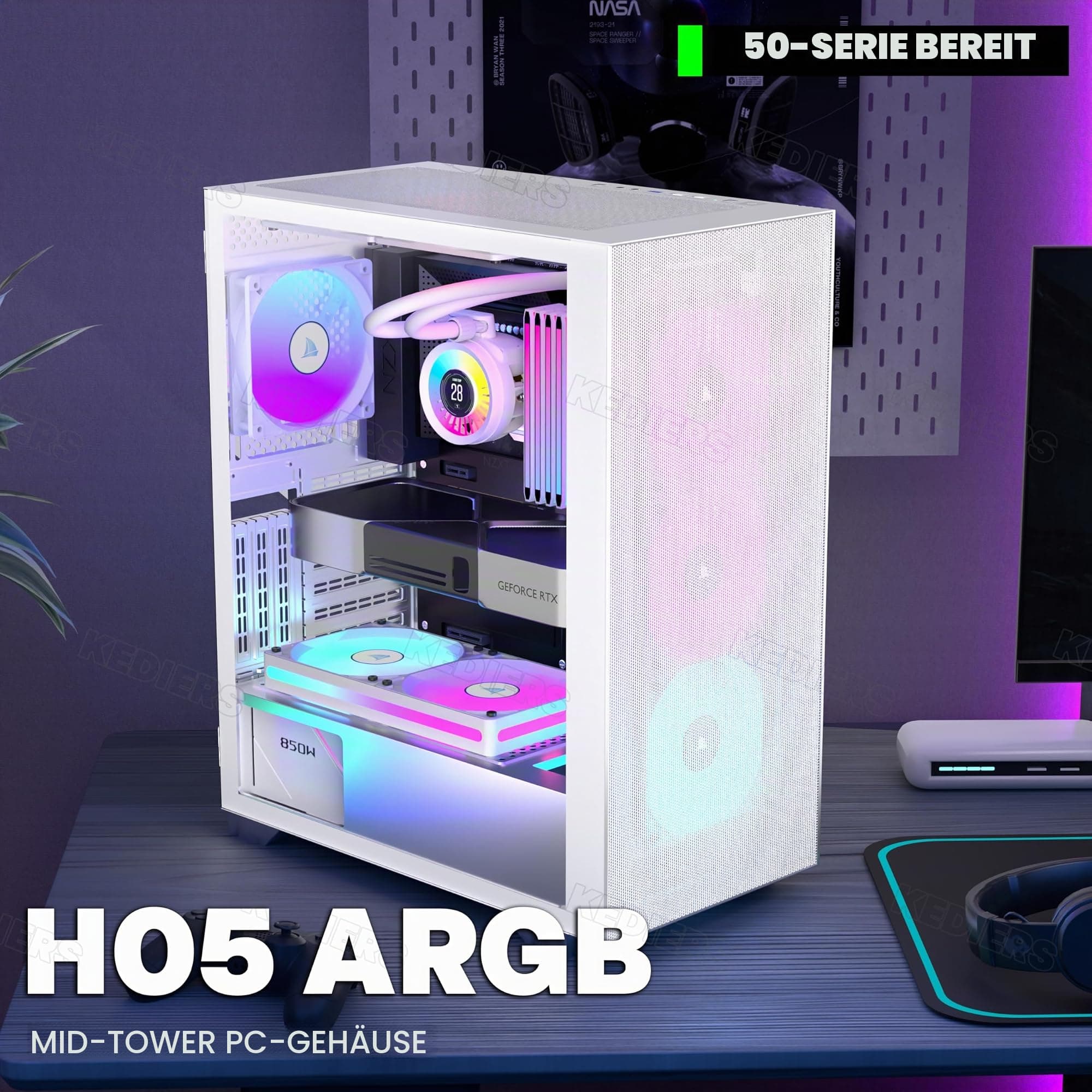 KEDIERS PC-Gehäuse, vorinstalliert 6*PWM ARGB-Gehäuselüfter, ATX Mid Tower, Gaming-Gehäuse mit Öffnung aus gehärtetem Glas, Seitenteiltür, Netz-Computergehäuse,Weiß Bild 3