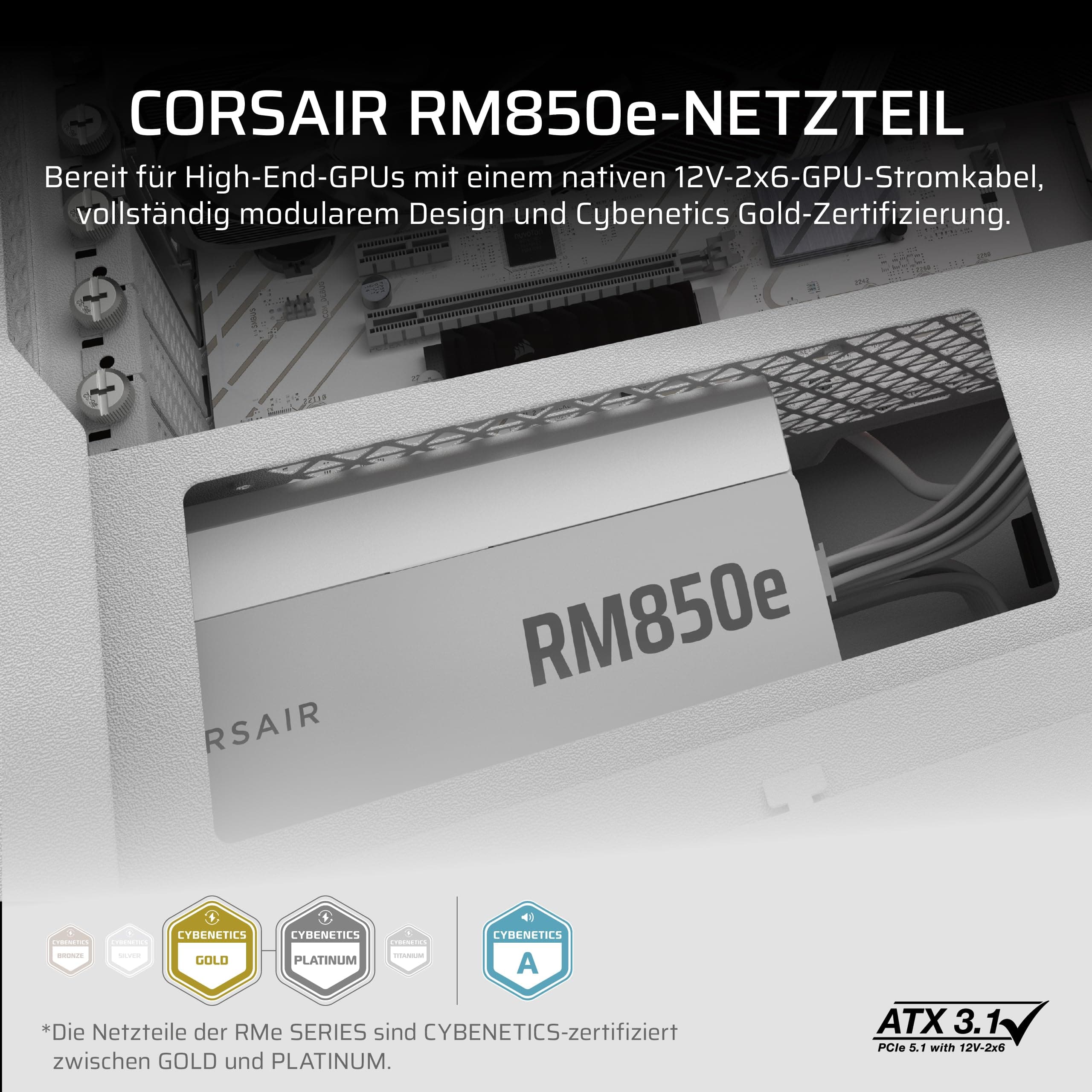 CORSAIR RM850e (2025) Geräuscharmes Vollständig Modulares ATX-Netzteil mit 12V-2x6 Kable – Zero RPM-Lüftermodus, ATX 3.1-Konform, PCIe 5.1-Unterstützung, Cybenetics Gold – Weiß Weiß 850 Watts RMe (2025) Bild 3