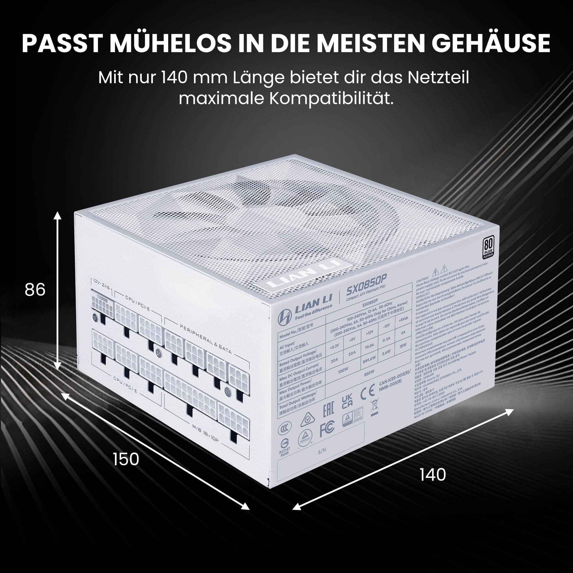 Lian Li SX0850P Netzteil – 850 W Weiß | 80 Plus Platinum Effizienz, Vollmodulare abnehmbare Kabel, ATX 3.1 & PCIe 5.1, Modernes & Leises Gaming-PC PSU 850 Watt Weiß Bild 6