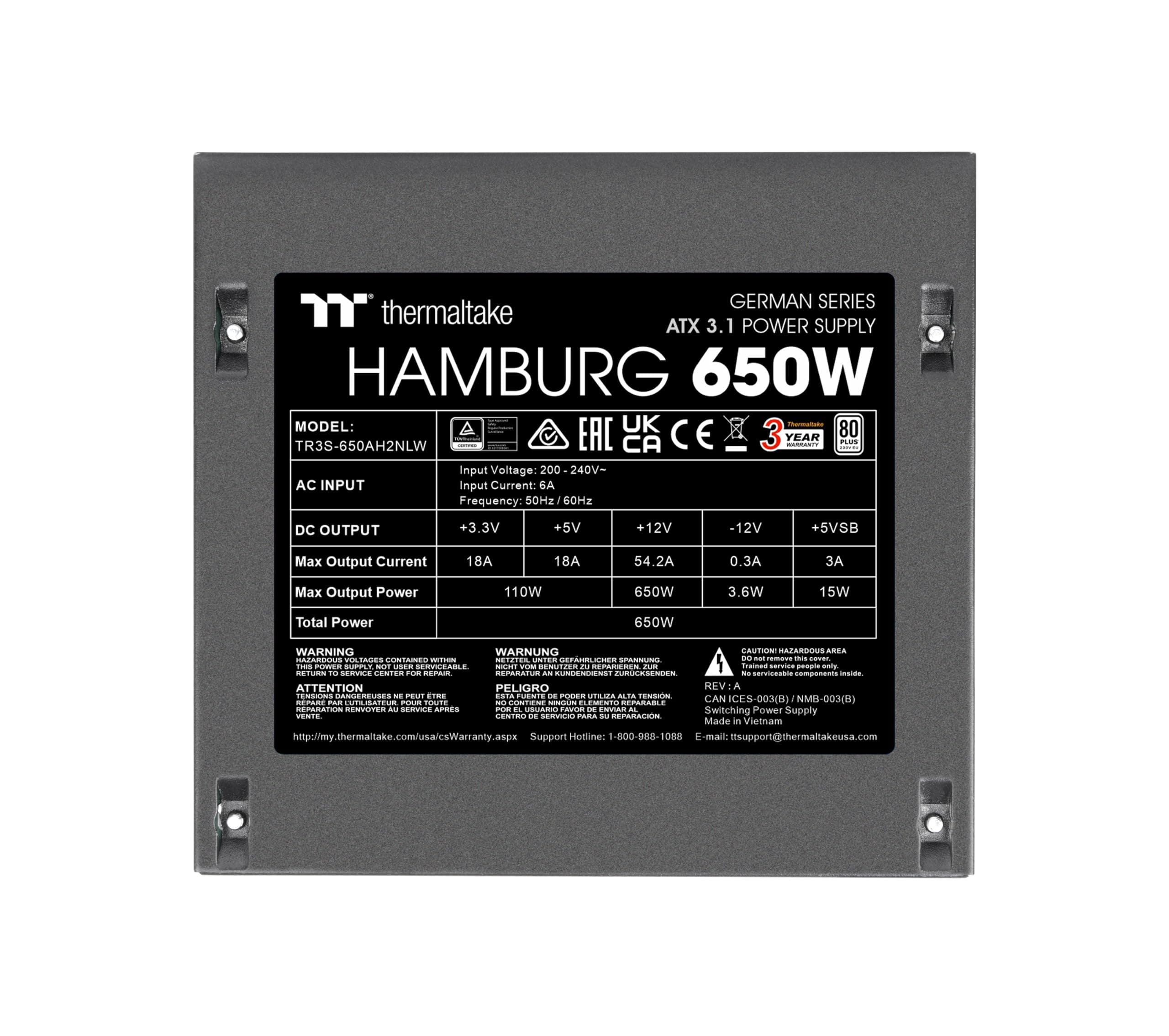 Thermaltake Hamburg 650W Netzteil | German Series | ATX 3.1 | 80 Plus White | Non-Modular | 2× PCIe 6+2 Pin | Leiser 120mm Lüfter | DC-to-DC Bild 3