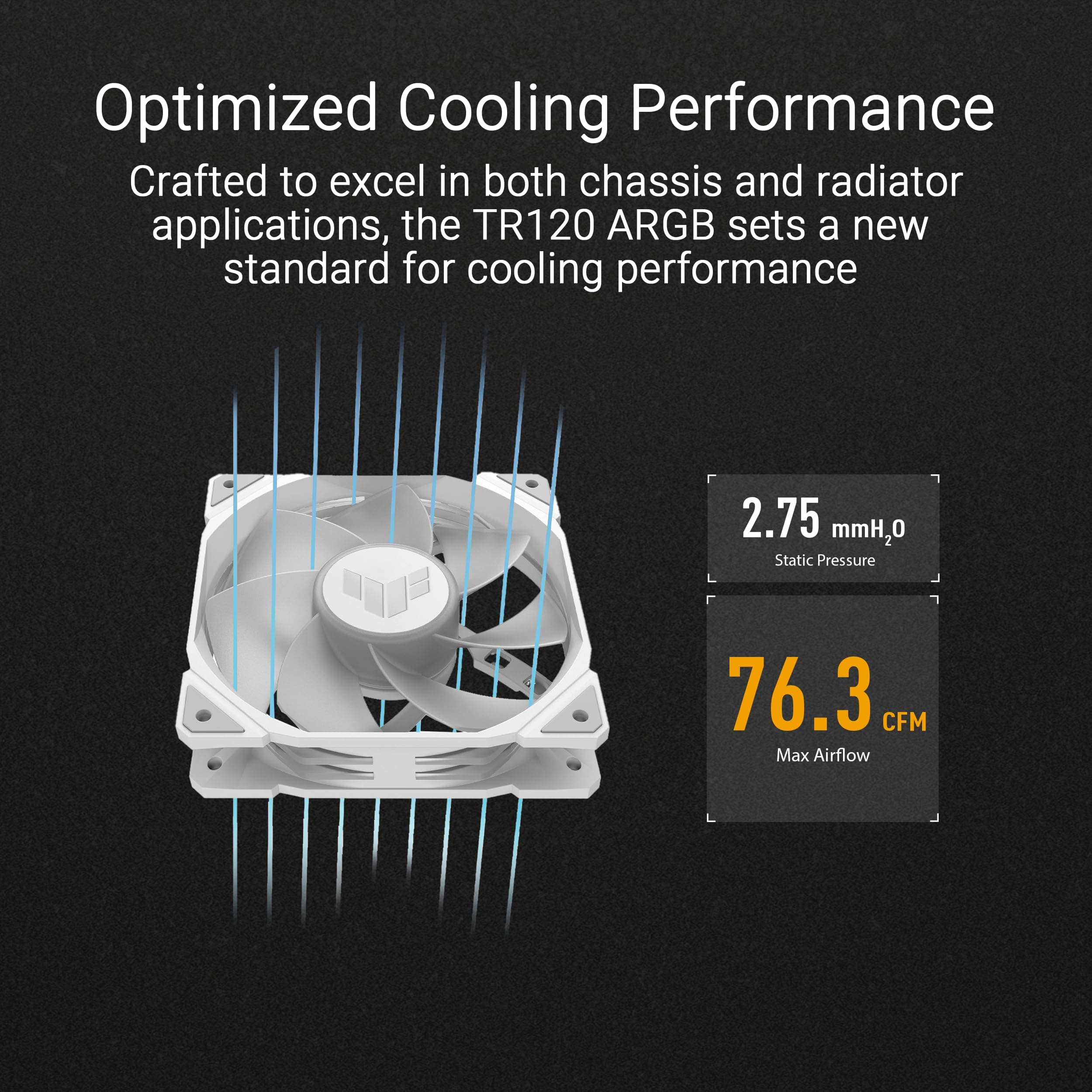 ASUS TUF Gaming TR120 ARGB Reverse Blade White 3IN1 Gehäuselüfter 3er Pack (120mm PWM PC Lüfter, 2000 RPM, 2.75 mm H2O, 76,3 CFM Luftstrom, 16 einzeln adressierbare RGB-LEDs, weiß) Bild 5