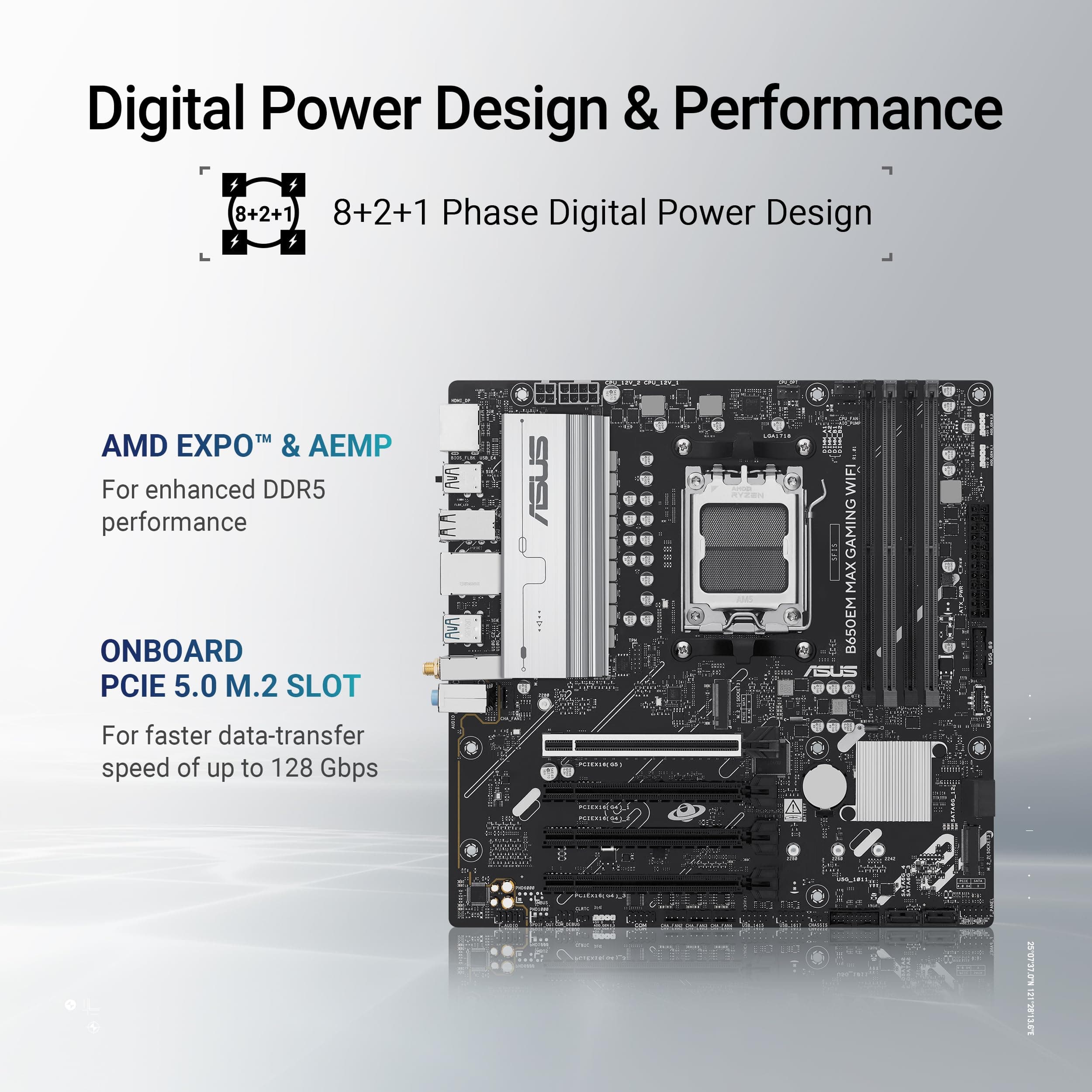 ASUS B650EM MAX Gaming WiFi AMD B650 mATX Motherboard, DDR5, PCIe 5.0 Ready, 3X M.2 Slots, WiFi6, 1GB Ethernet, DisplayPort, HDMI, Rear USB 10Gbps Type-A & Type-C Ports, BIOS Flashback, Aura Sync Bild 3