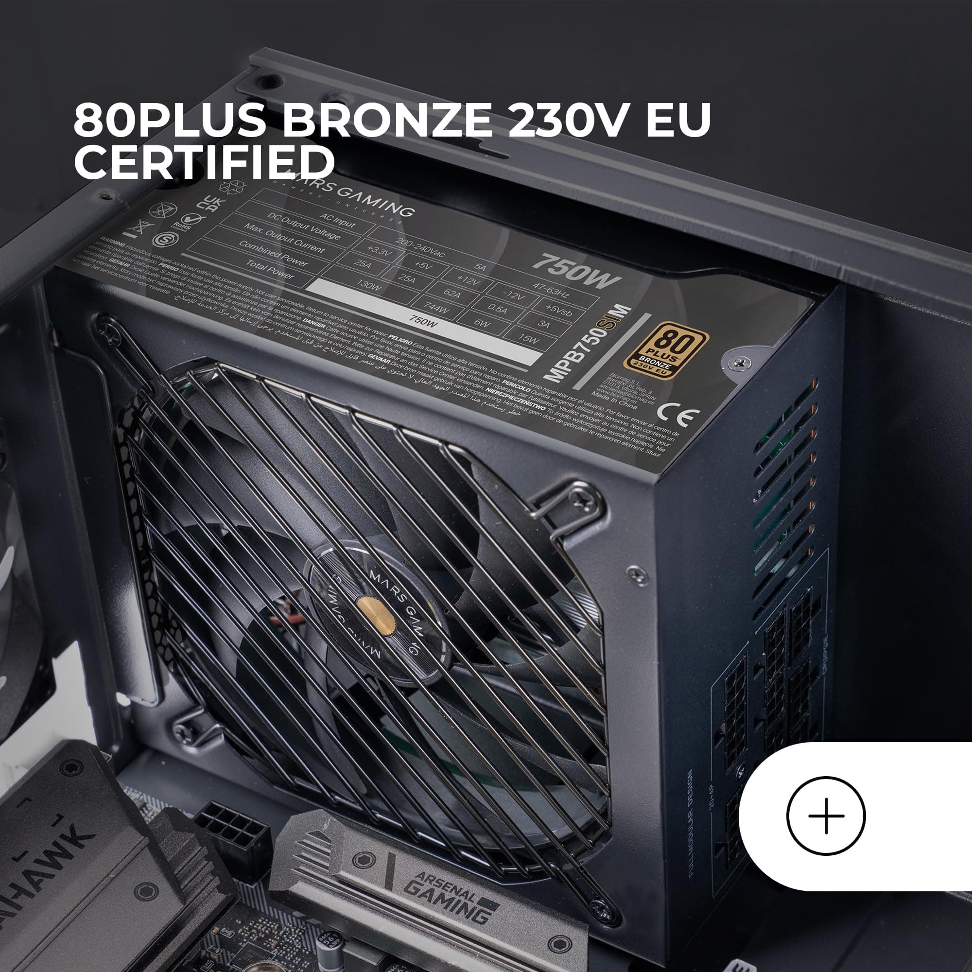 MARS GAMING MPB750SIM, Vollmodulares ATX 750W Netzteil, 7 Jahre Garantie, 80Plus Bronze 230V EU, 90% Effizienz, 140mm SI Extreme Silence Lüfter, AI2-RPM, DC-DC und SMD Technologien, Schwarz Bild 7