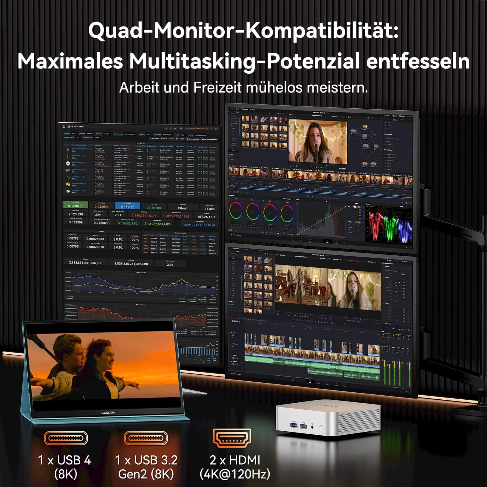 GEEKOM Mini PC A7 Windows 11 Pro Vorinstalliert mit Ryzen 5 7535HS, 1T SSD 16GB DDR5(Erweiterbar, nicht LPDDR)Mini Desktop Computer | 8K-Quad-Display | 2,5G LAN | SD-Karte für Kreativität/Office/Home R5 7535HS(16+1) Bild 7